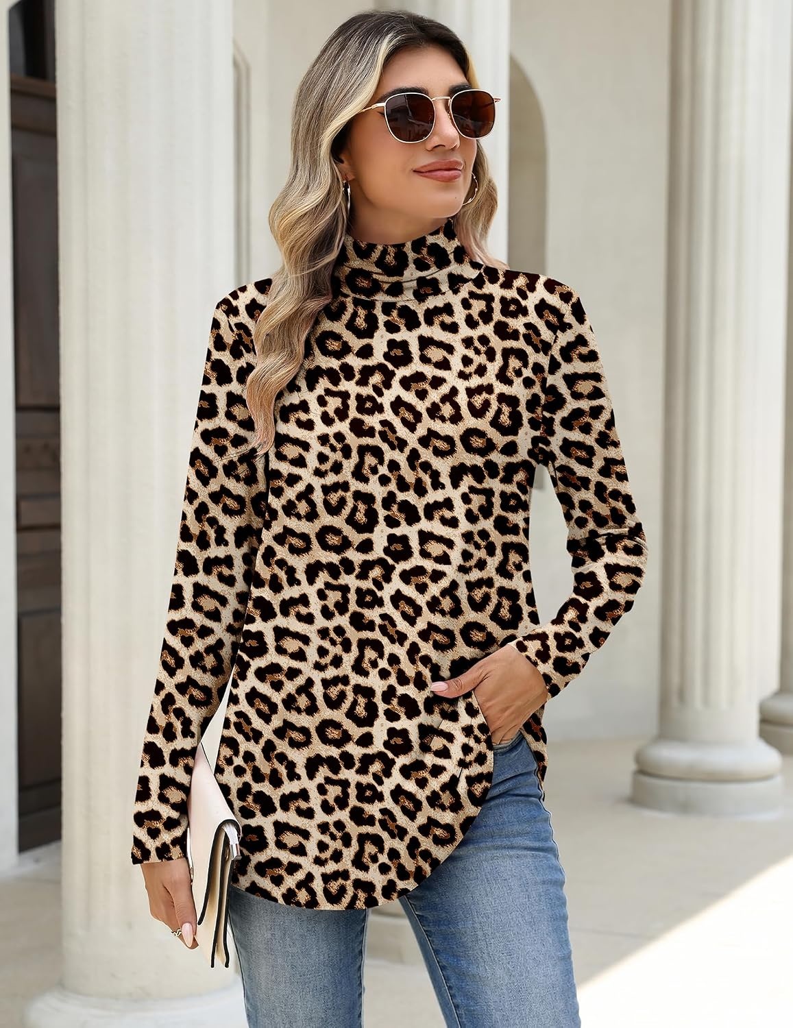 image:imageZeagoo Long Sleeve Shirts for Women Turtleneck Work Casual Tunic TopsLeopard Printpa222