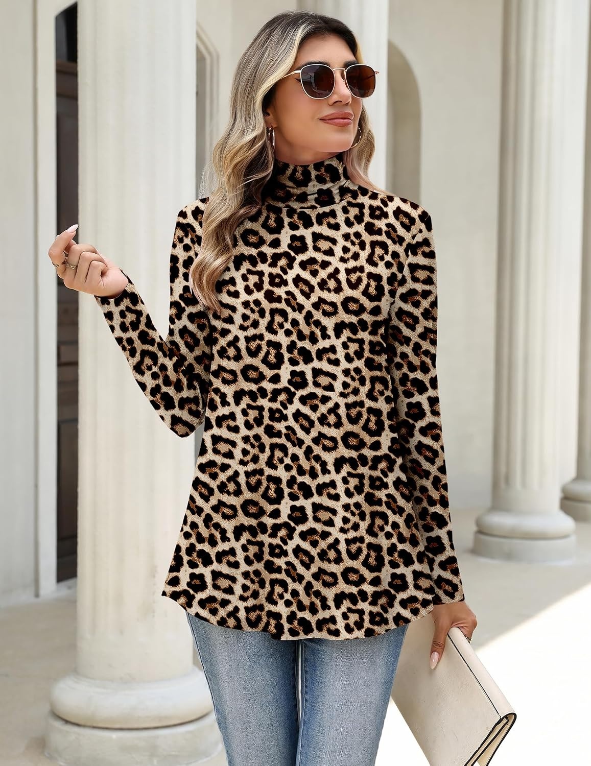 image:imageZeagoo Long Sleeve Shirts for Women Turtleneck Work Casual Tunic TopsLeopard Printpa222