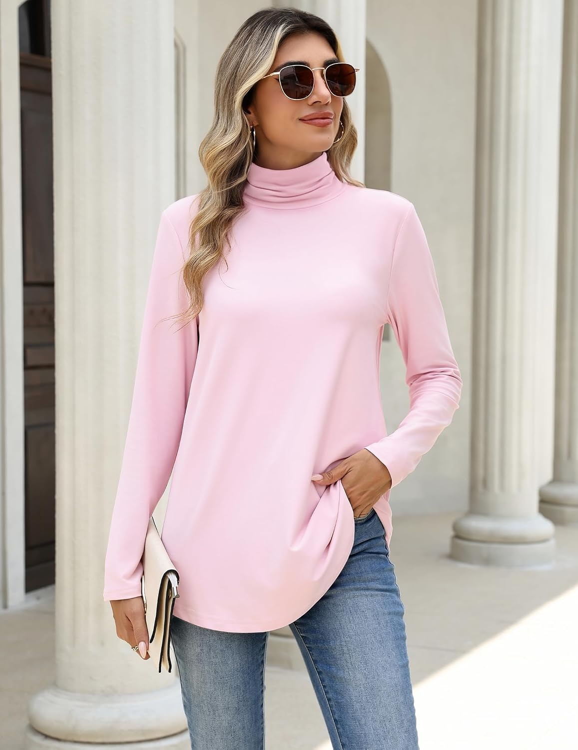 image:imageZeagoo Long Sleeve Shirts for Women Turtleneck Work Casual Tunic TopsPink