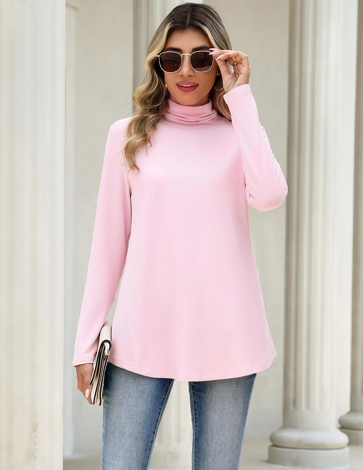 image:imageZeagoo Long Sleeve Shirts for Women Turtleneck Work Casual Tunic TopsPink