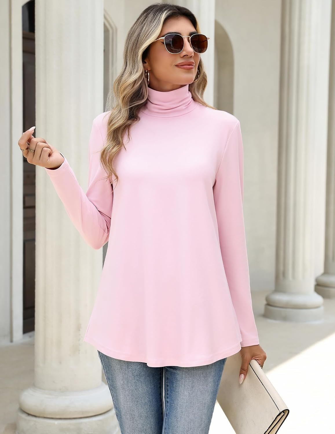 image:imageZeagoo Long Sleeve Shirts for Women Turtleneck Work Casual Tunic TopsPink