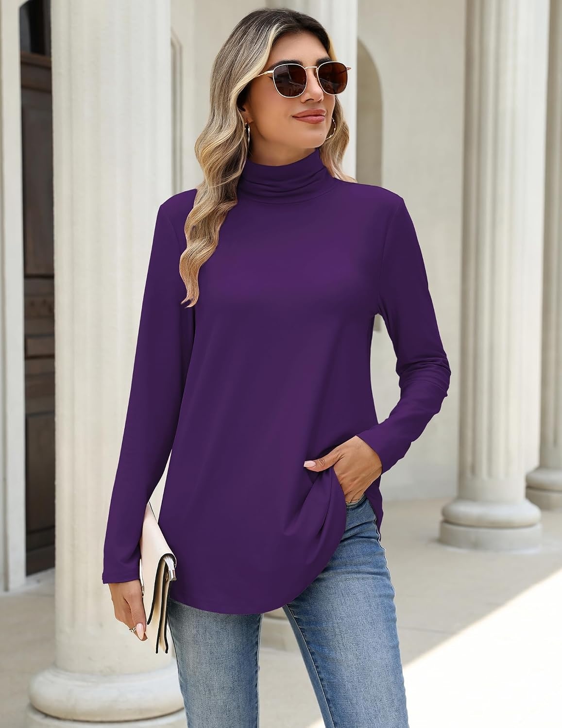 image:imageZeagoo Long Sleeve Shirts for Women Turtleneck Work Casual Tunic TopsPurple