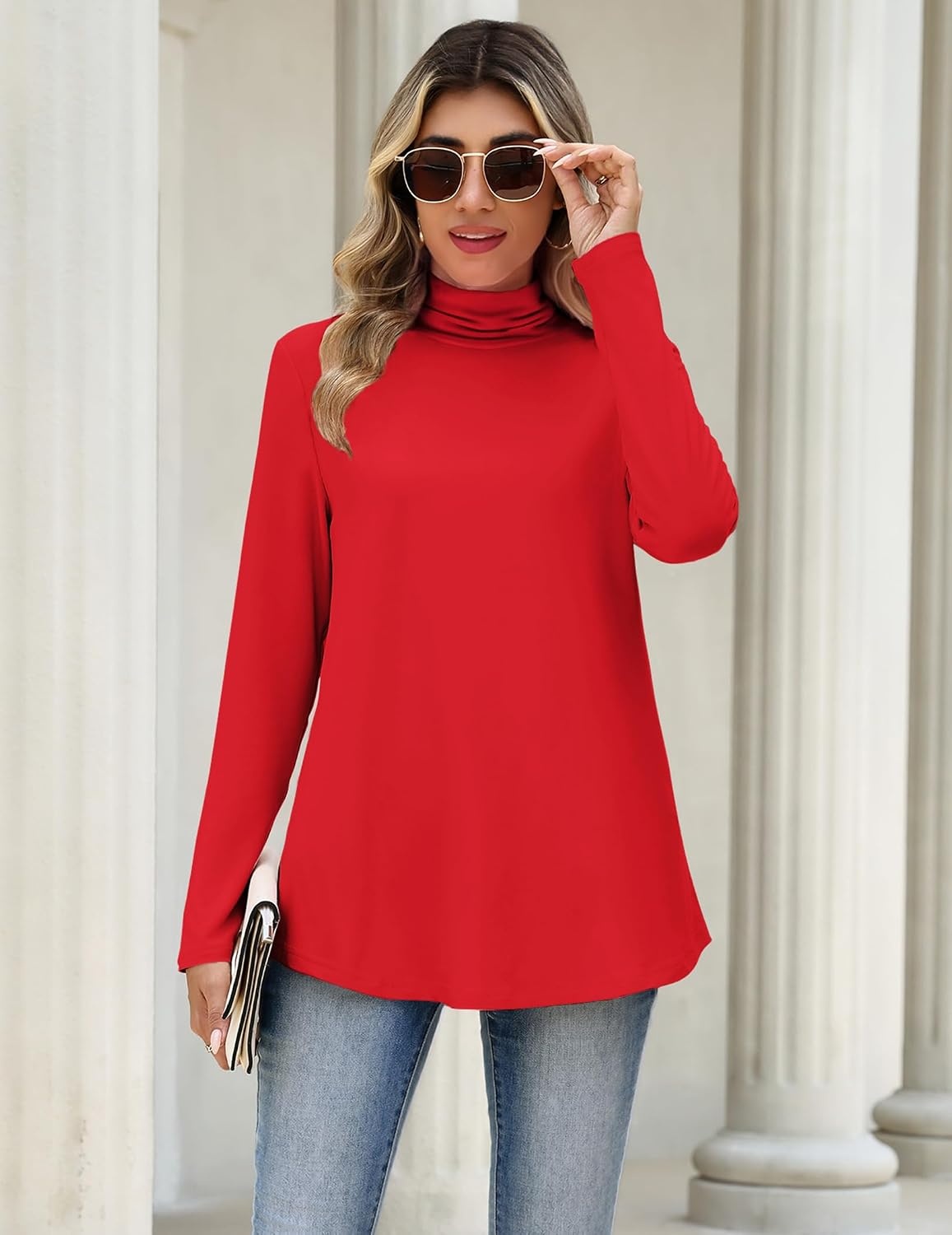 image:imageZeagoo Long Sleeve Shirts for Women Turtleneck Work Casual Tunic TopsRed