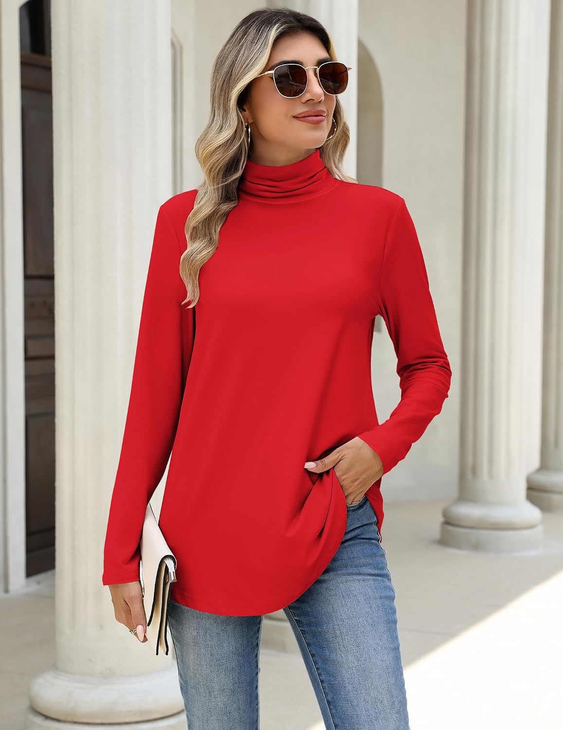 image:imageZeagoo Long Sleeve Shirts for Women Turtleneck Work Casual Tunic TopsRed