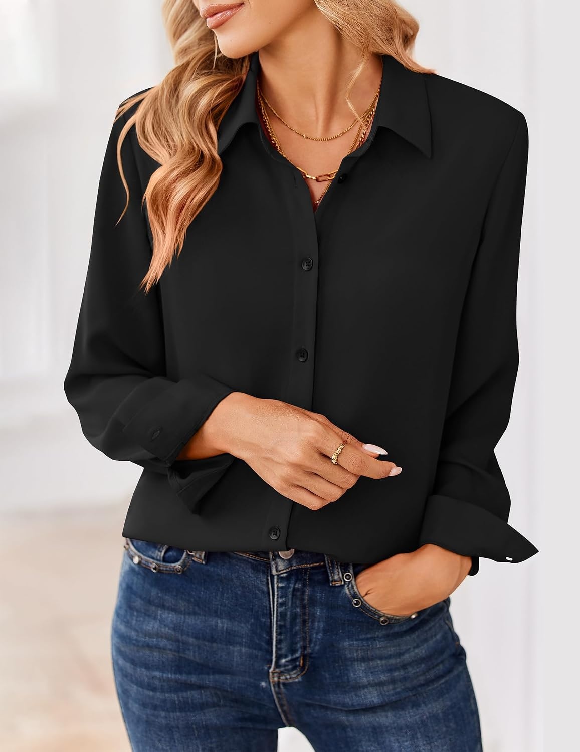 image:imageZeagoo Women Blouses Chiffon Long Sleeve Button Down Shirts Business TopsBlack