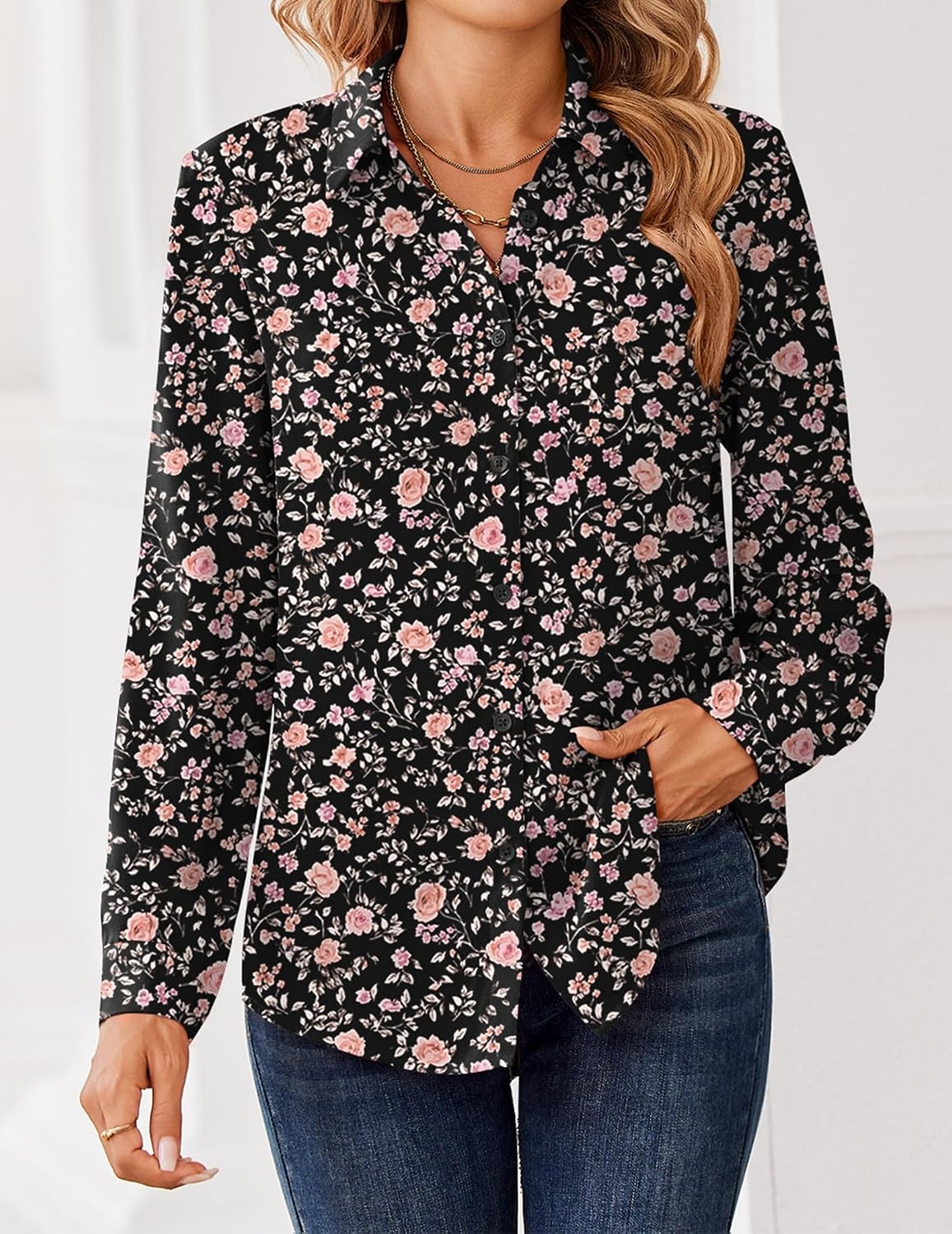 image:imageZeagoo Women Blouses Chiffon Long Sleeve Button Down Shirts Business TopsBlack Floral