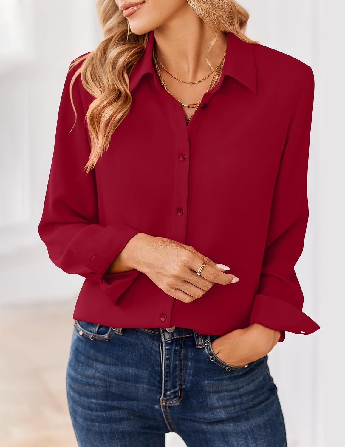 image:imageZeagoo Women Blouses Chiffon Long Sleeve Button Down Shirts Business TopsDark Red