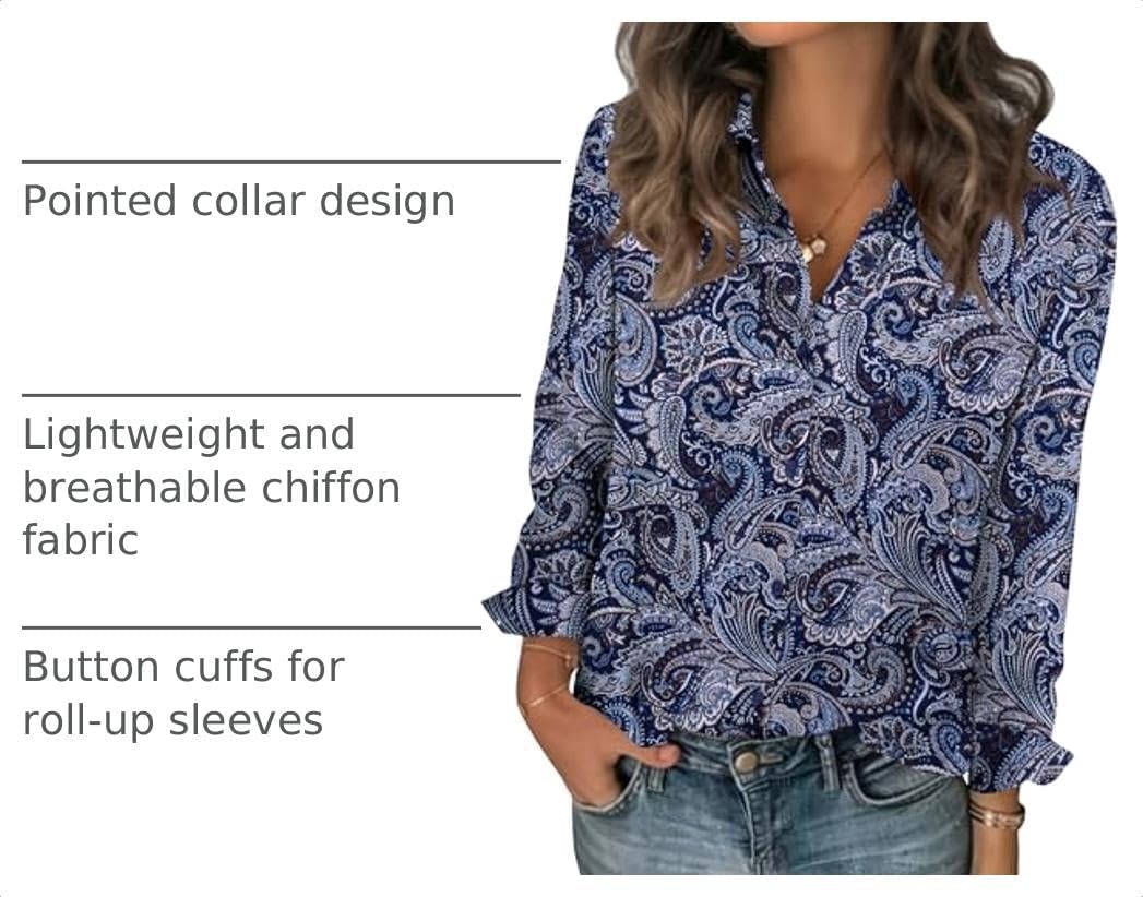 image:imageZeagoo Women Blouses Chiffon Long Sleeve Button Down Shirts Business TopsPaisley Navy