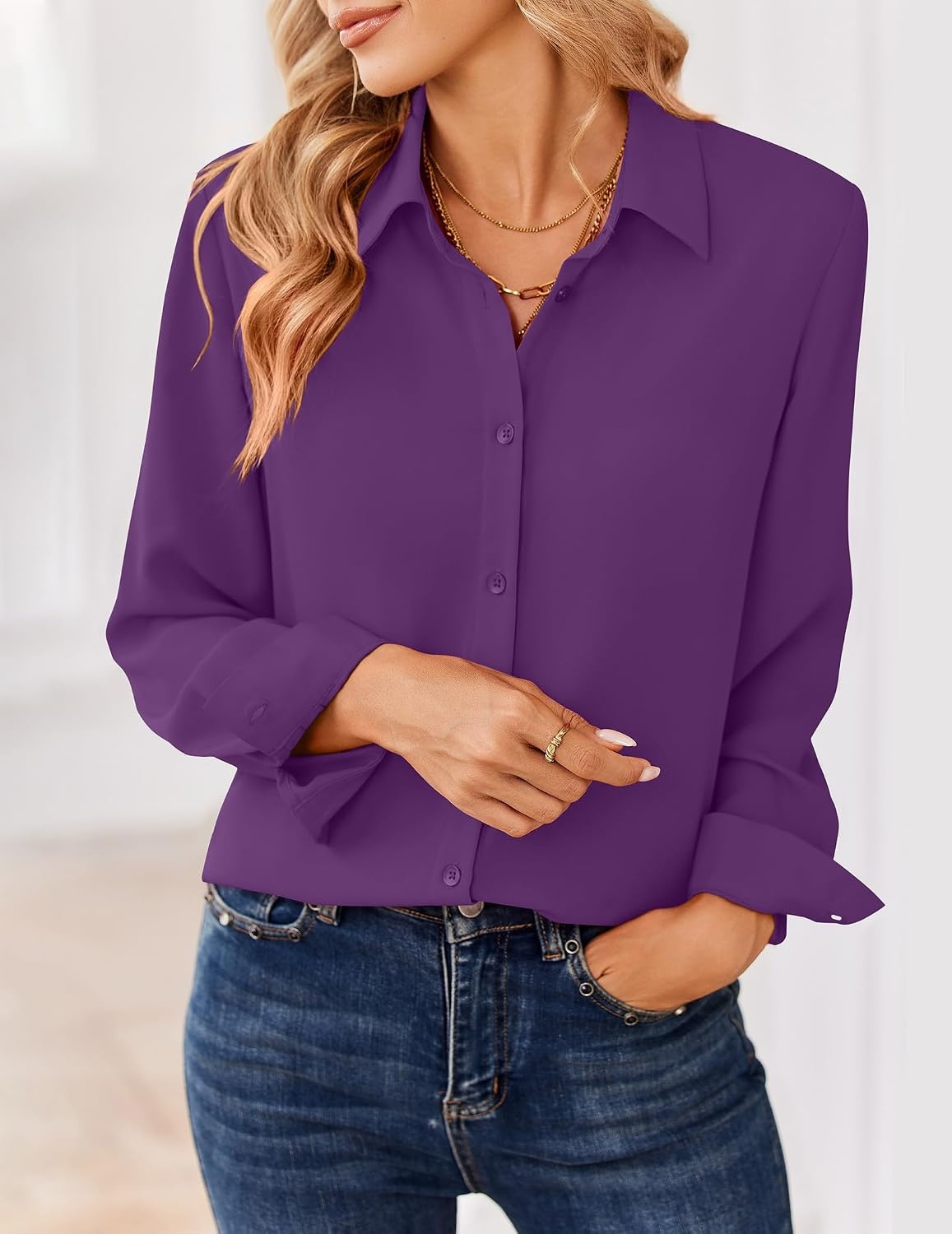 image:imageZeagoo Women Blouses Chiffon Long Sleeve Button Down Shirts Business TopsPurple