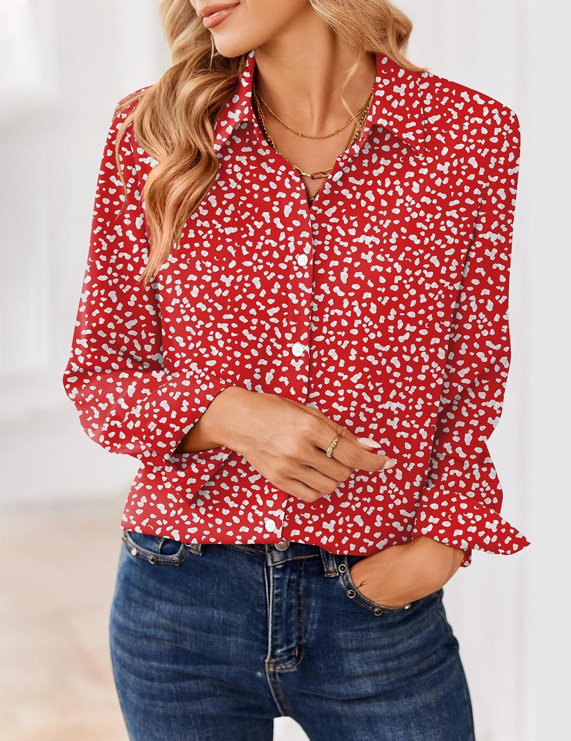 image:imageZeagoo Women Blouses Chiffon Long Sleeve Button Down Shirts Business TopsRed White Polka Dots