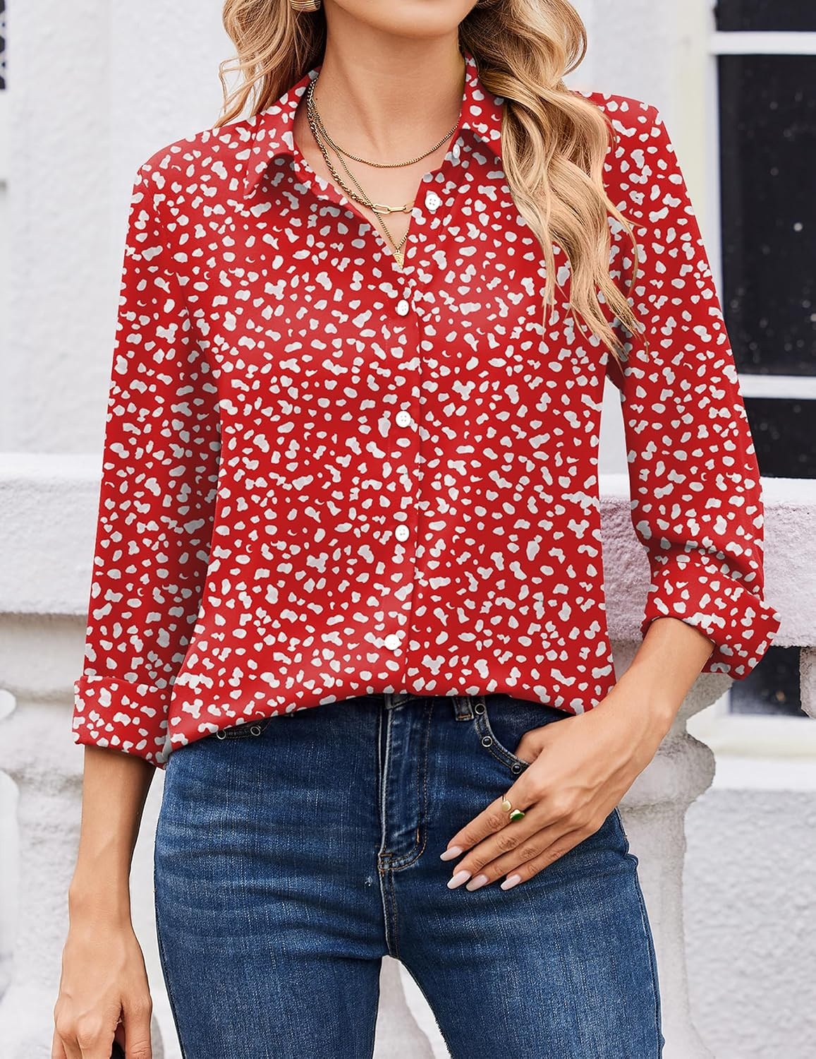 image:imageZeagoo Women Blouses Chiffon Long Sleeve Button Down Shirts Business TopsRed White Polka Dots