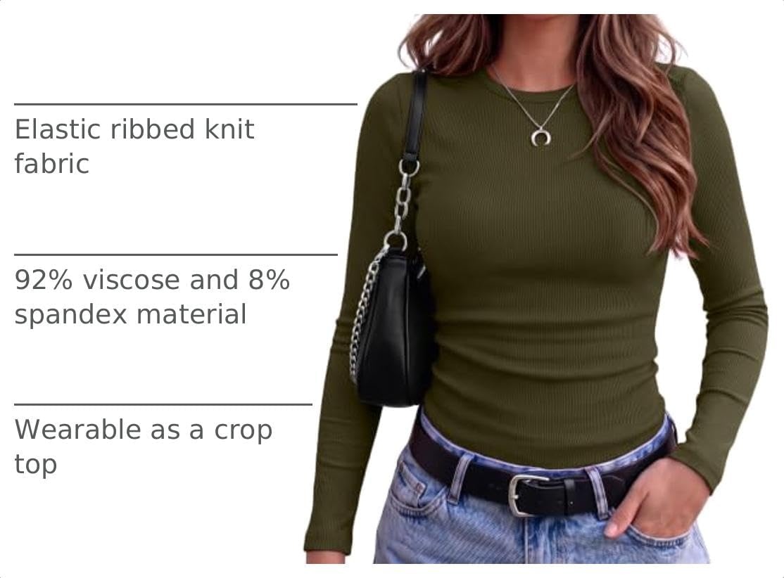 image:imageZeagoo Women Long Sleeve Shirts Ribbed Tops Crewneck Basic TeeArmy Green