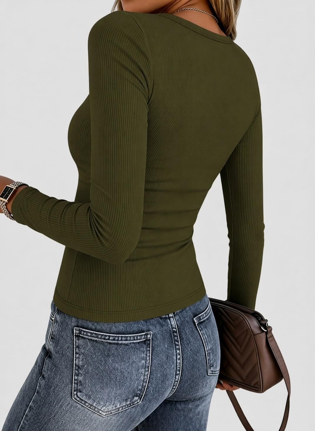 image:imageZeagoo Women Long Sleeve Shirts Ribbed Tops Crewneck Basic TeeArmy Green