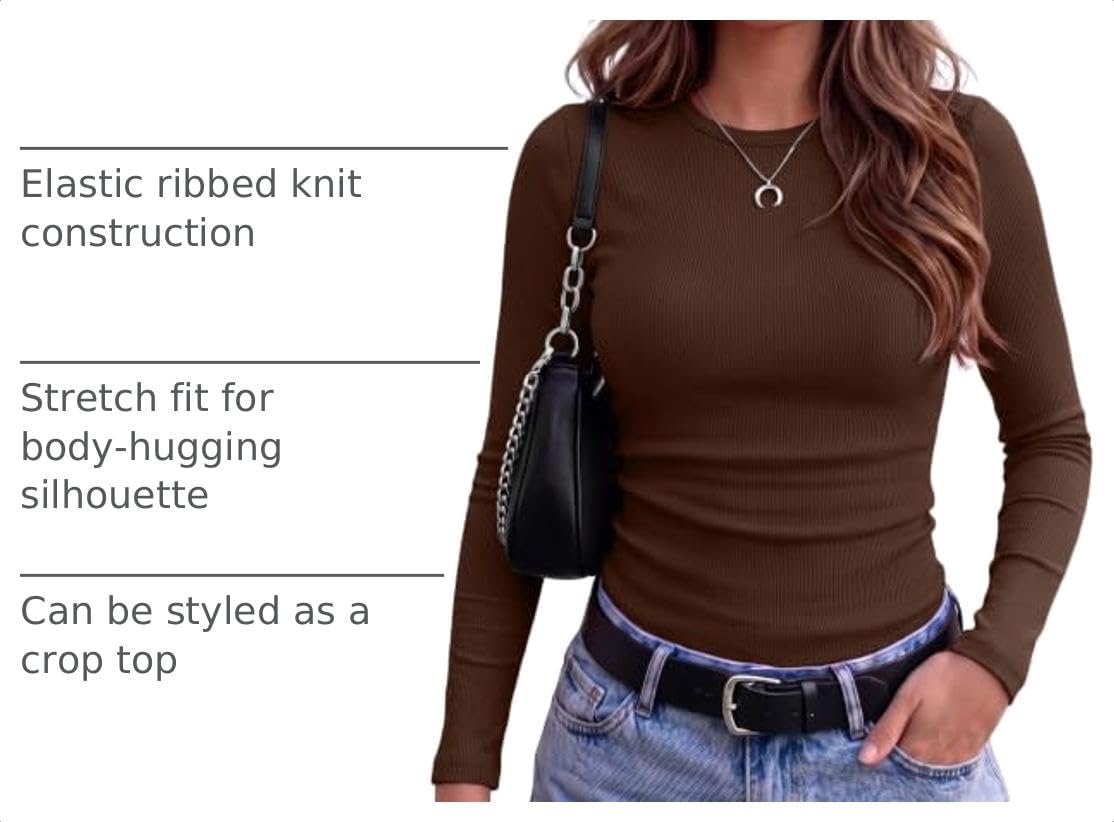 image:imageZeagoo Women Long Sleeve Shirts Ribbed Tops Crewneck Basic TeeBrown