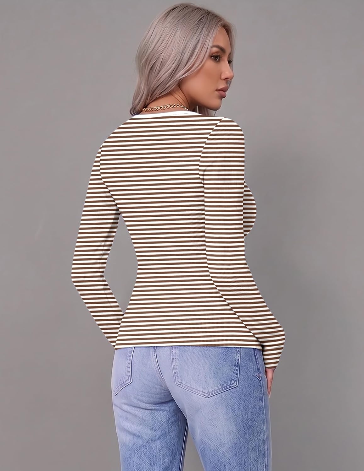 image:imageZeagoo Women Long Sleeve Shirts Ribbed Tops Crewneck Basic TeeBrown White Stripe