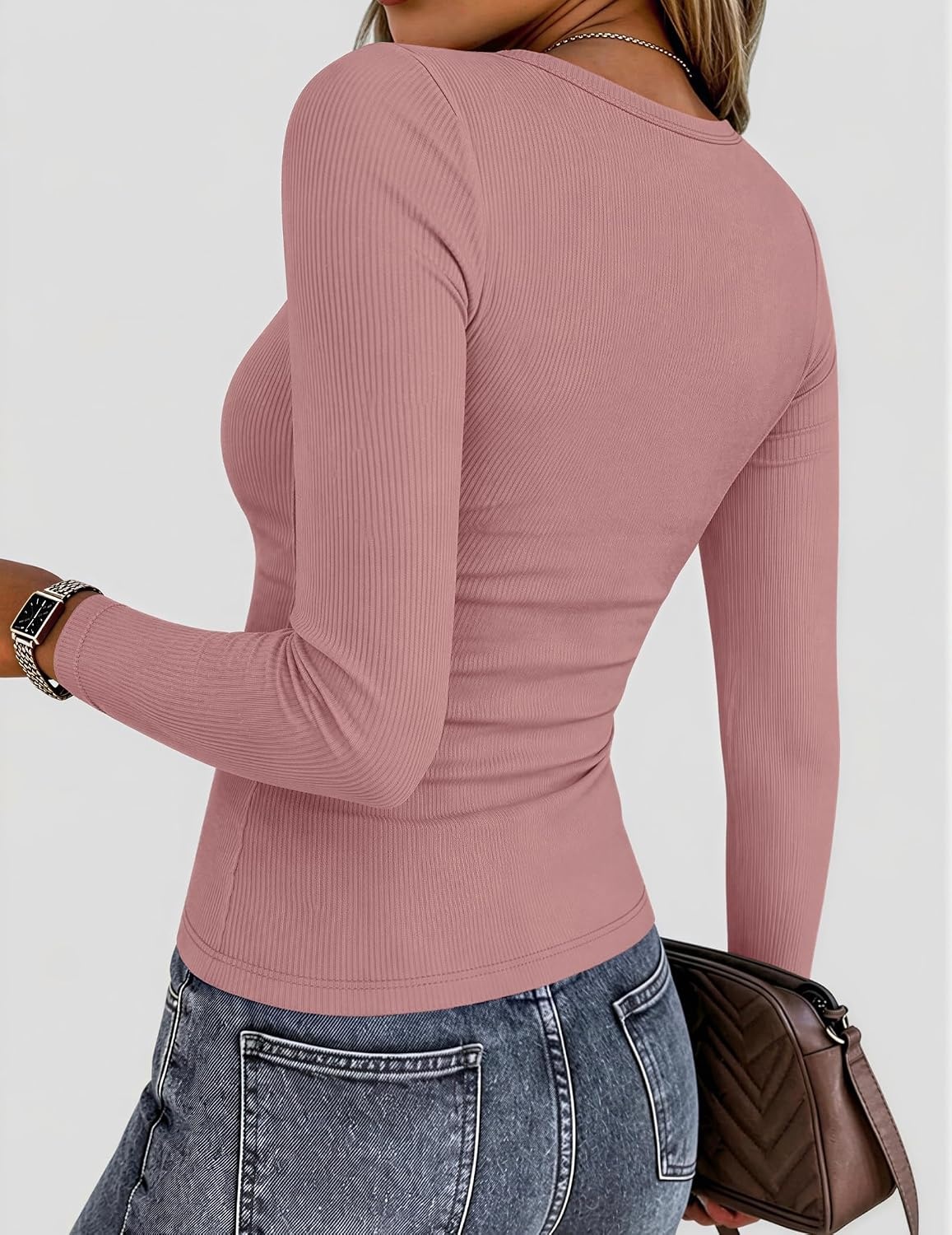 image:imageZeagoo Women Long Sleeve Shirts Ribbed Tops Crewneck Basic TeeDusty Pink