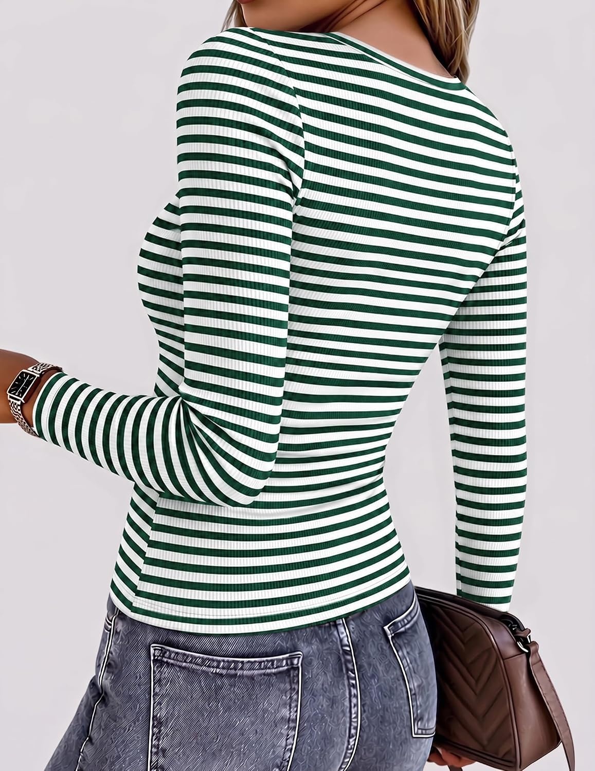 image:imageZeagoo Women Long Sleeve Shirts Ribbed Tops Crewneck Basic TeeGreen Stripe