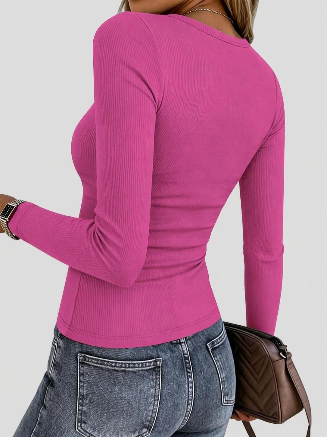 image:imageZeagoo Women Long Sleeve Shirts Ribbed Tops Crewneck Basic TeeHot Pink