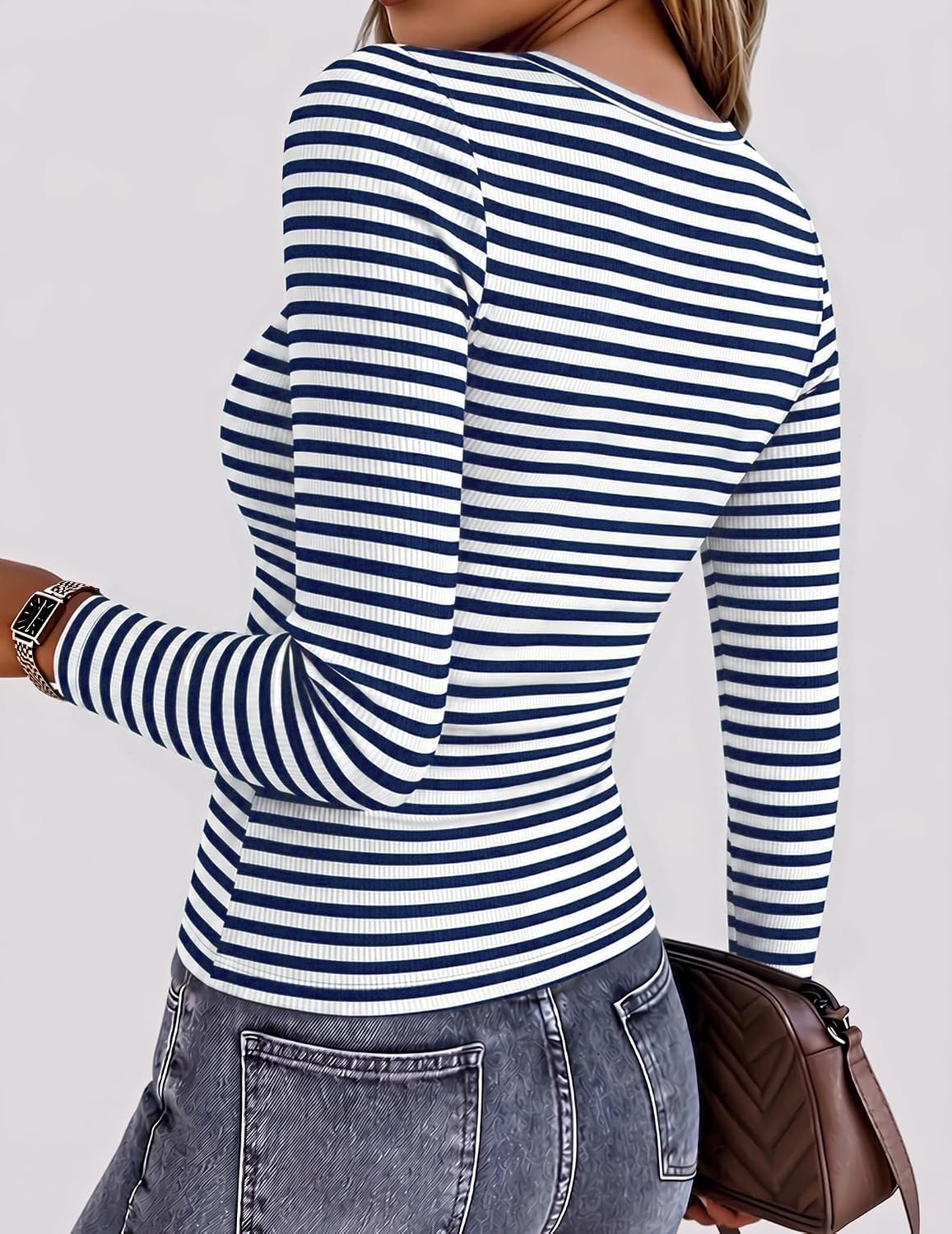 image:imageZeagoo Women Long Sleeve Shirts Ribbed Tops Crewneck Basic TeeNavy Blue Stripe