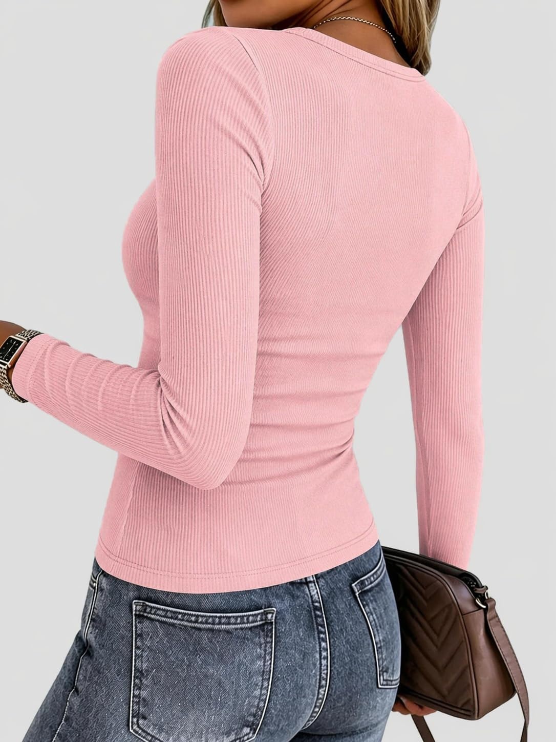 image:imageZeagoo Women Long Sleeve Shirts Ribbed Tops Crewneck Basic TeePink