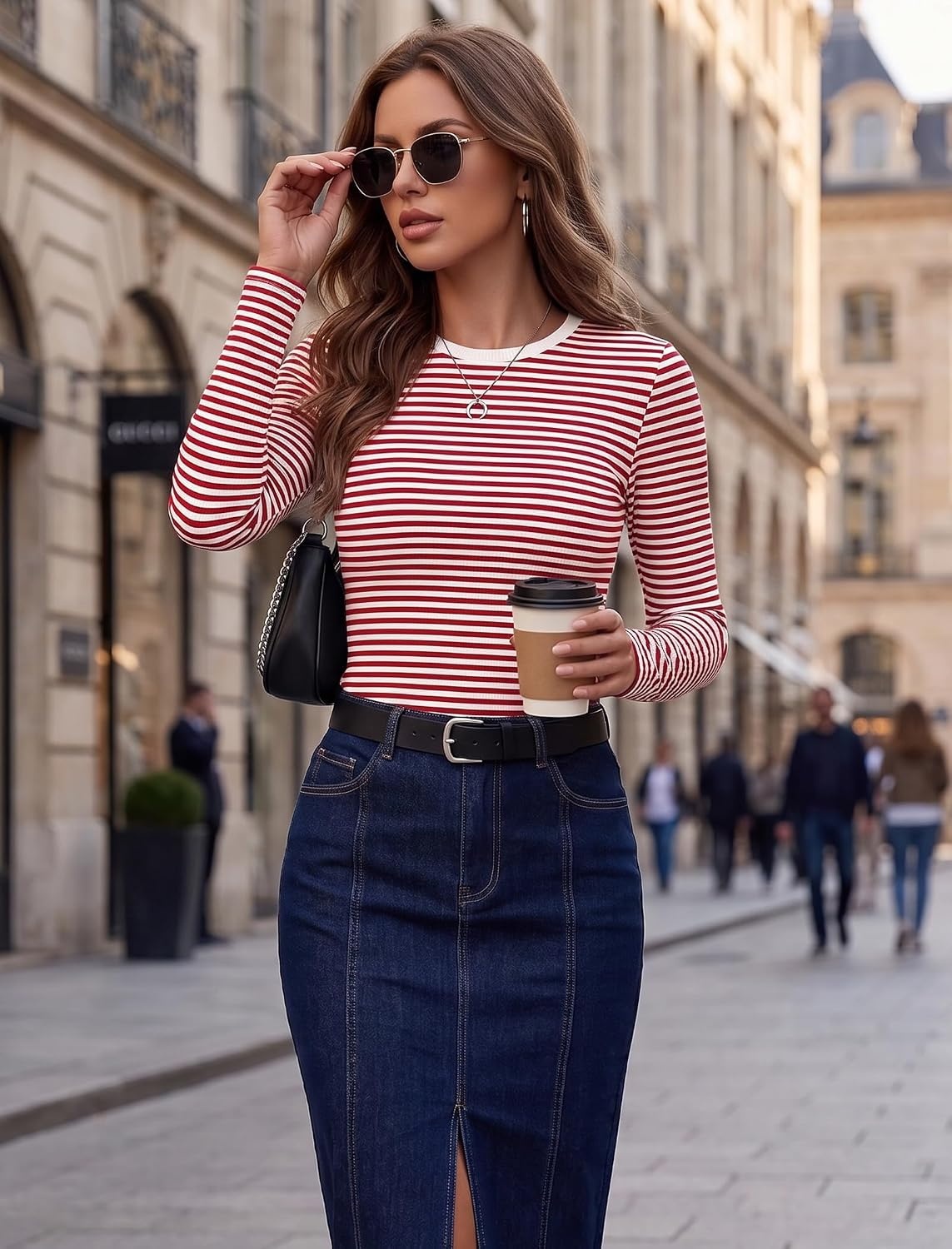 image:imageZeagoo Women Long Sleeve Shirts Ribbed Tops Crewneck Basic TeeRed White Stripe