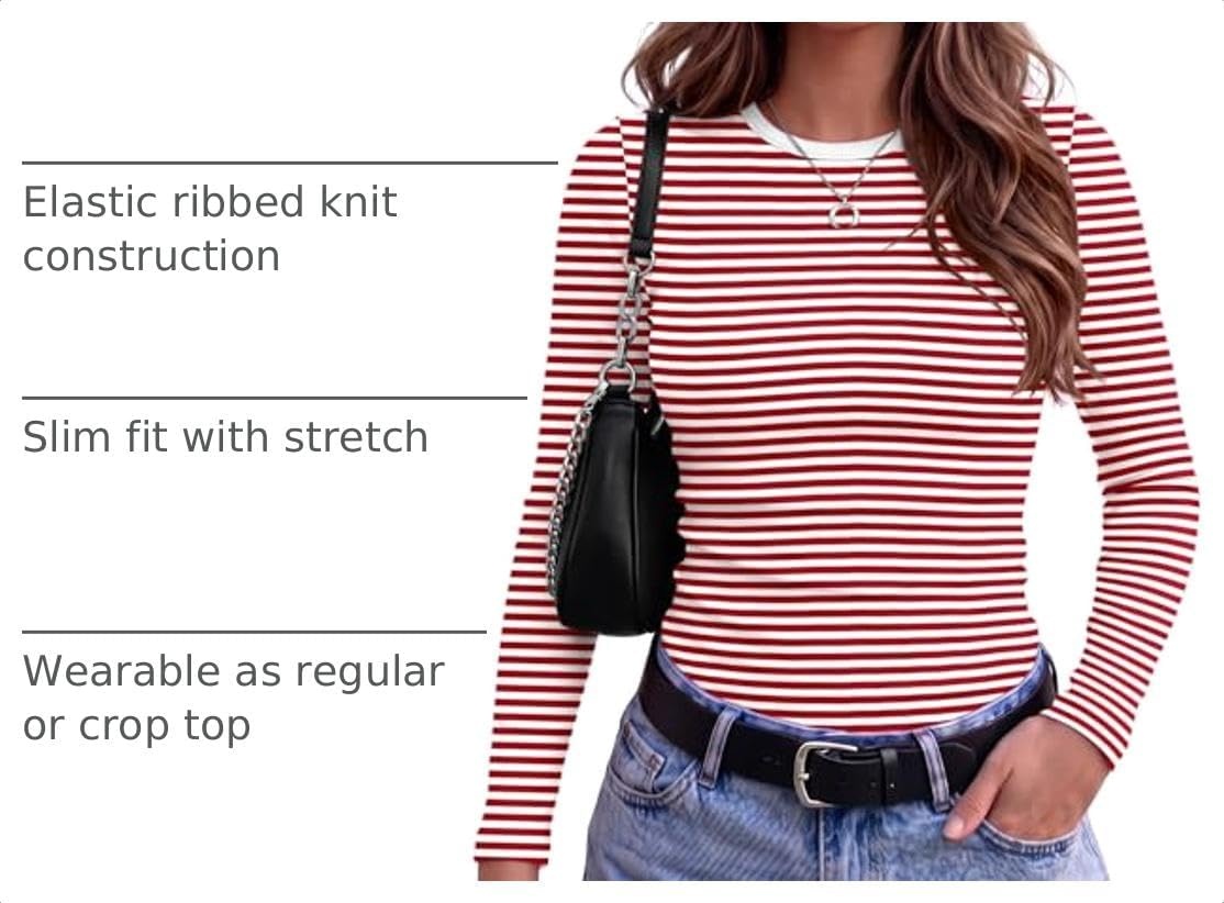 image:imageZeagoo Women Long Sleeve Shirts Ribbed Tops Crewneck Basic TeeRed White Stripe
