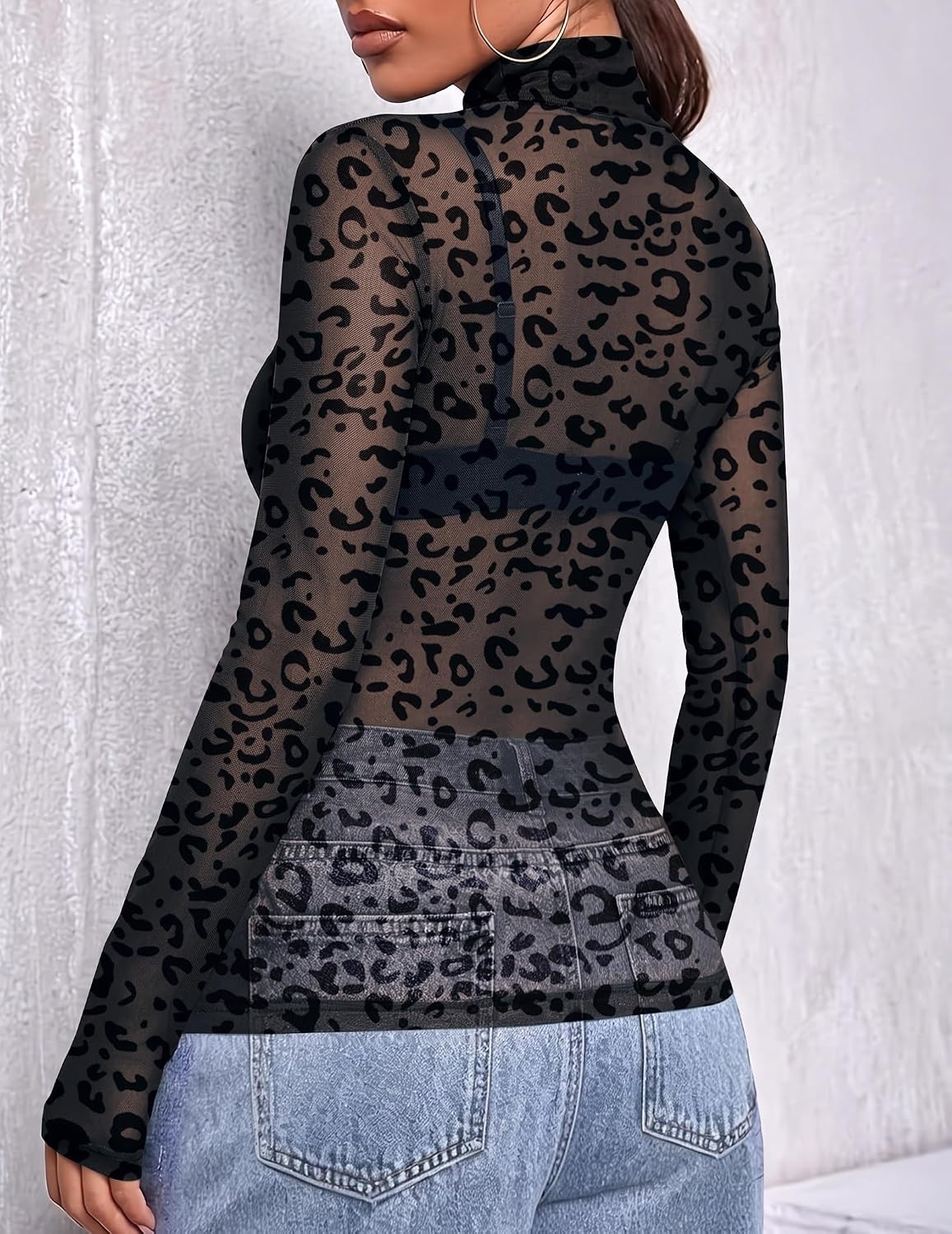image:imageZeagoo Women Mesh Sheer Top Long Sleeve Sexy Shirt Slim Fitted Fall ClothesBlack Leopardan59