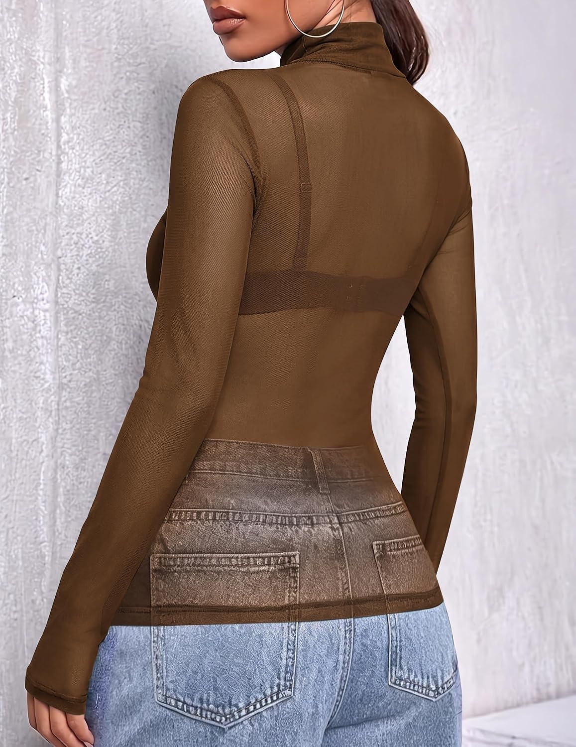 image:imageZeagoo Women Mesh Sheer Top Long Sleeve Sexy Shirt Slim Fitted Fall ClothesBrown