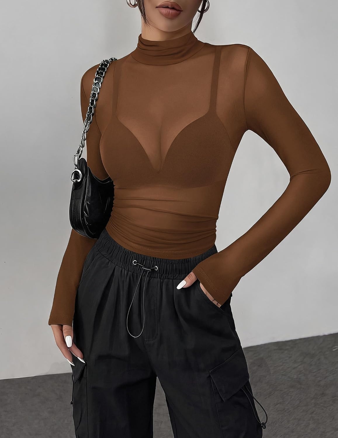 image:imageZeagoo Women Mesh Sheer Top Long Sleeve Sexy Shirt Slim Fitted Fall ClothesBrown