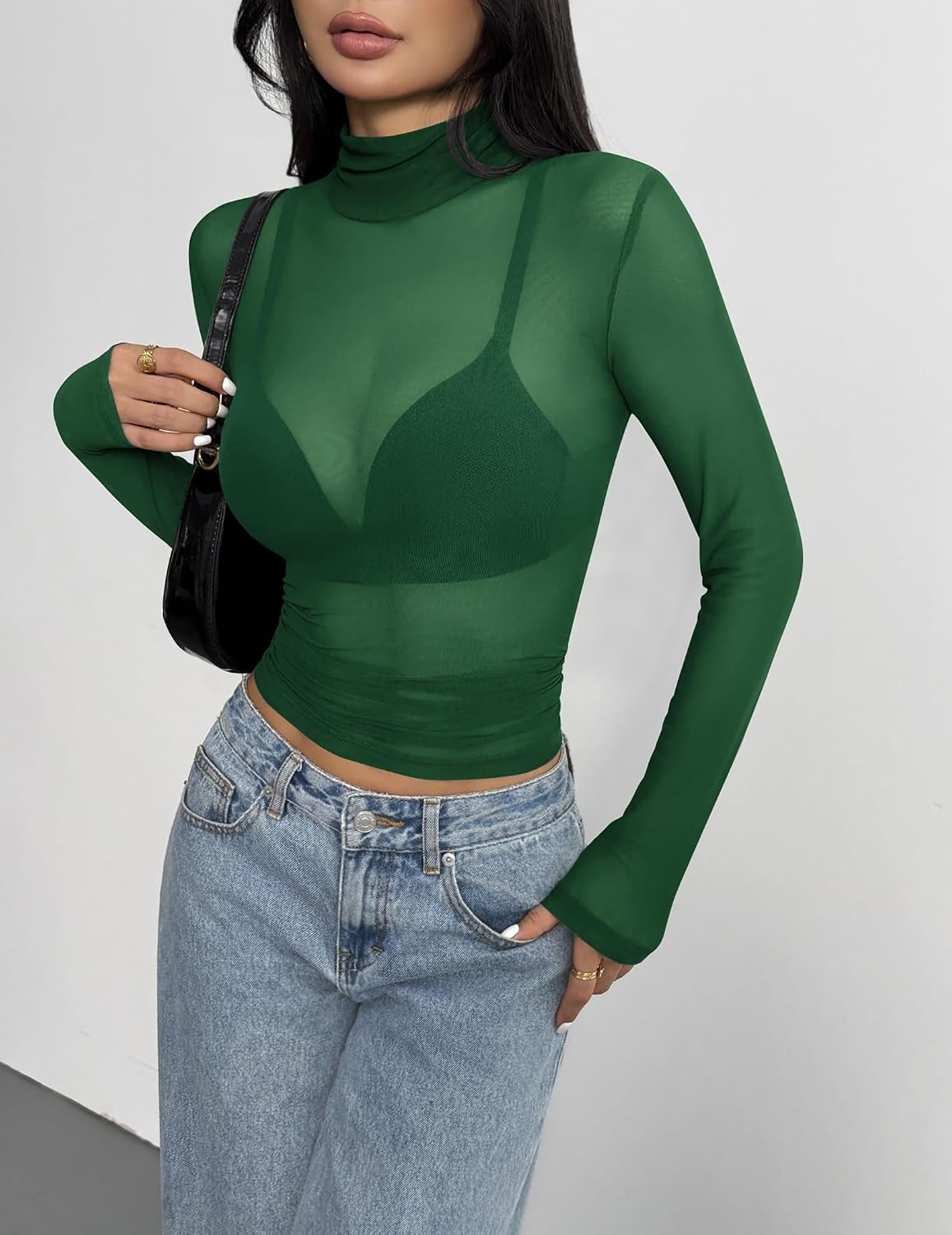 image:imageZeagoo Women Mesh Sheer Top Long Sleeve Sexy Shirt Slim Fitted Fall ClothesGreen