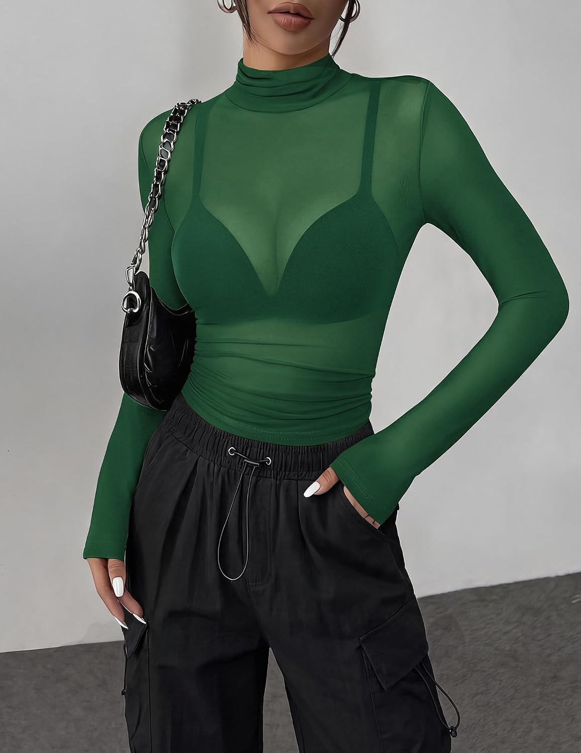image:imageZeagoo Women Mesh Sheer Top Long Sleeve Sexy Shirt Slim Fitted Fall ClothesGreen