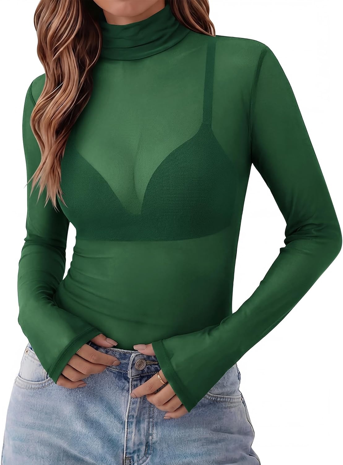 image:imageZeagoo Women Mesh Sheer Top Long Sleeve Sexy Shirt Slim Fitted Fall ClothesGreen