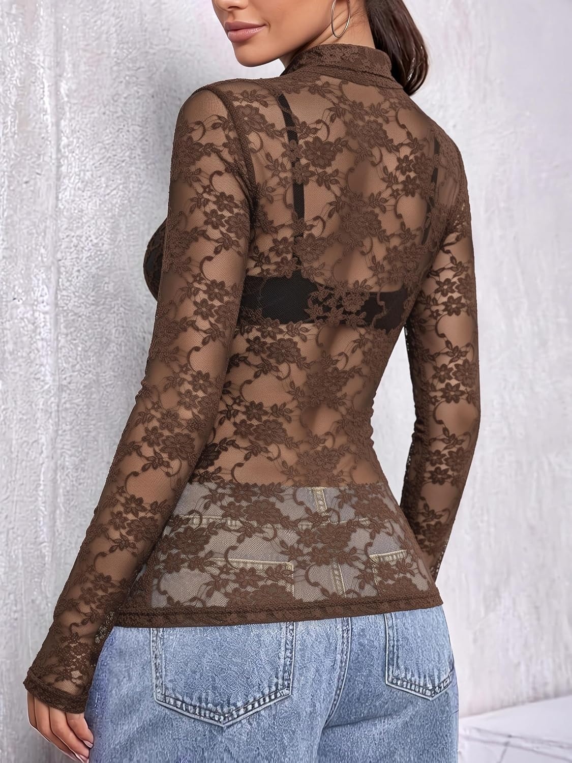 image:imageZeagoo Women Mesh Sheer Top Long Sleeve Sexy Shirt Slim Fitted Fall ClothesLace Brown