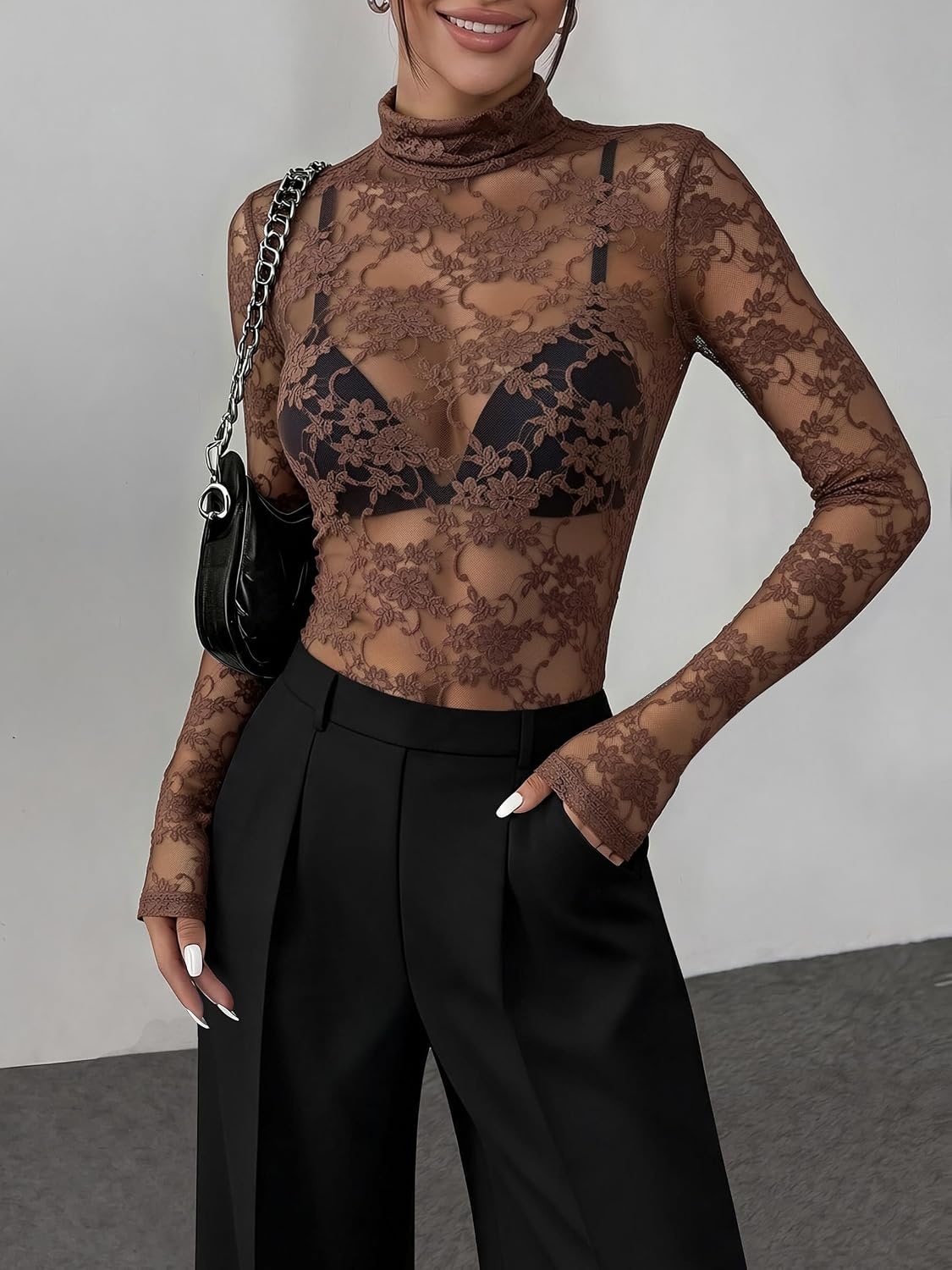 image:imageZeagoo Women Mesh Sheer Top Long Sleeve Sexy Shirt Slim Fitted Fall ClothesLace Brown