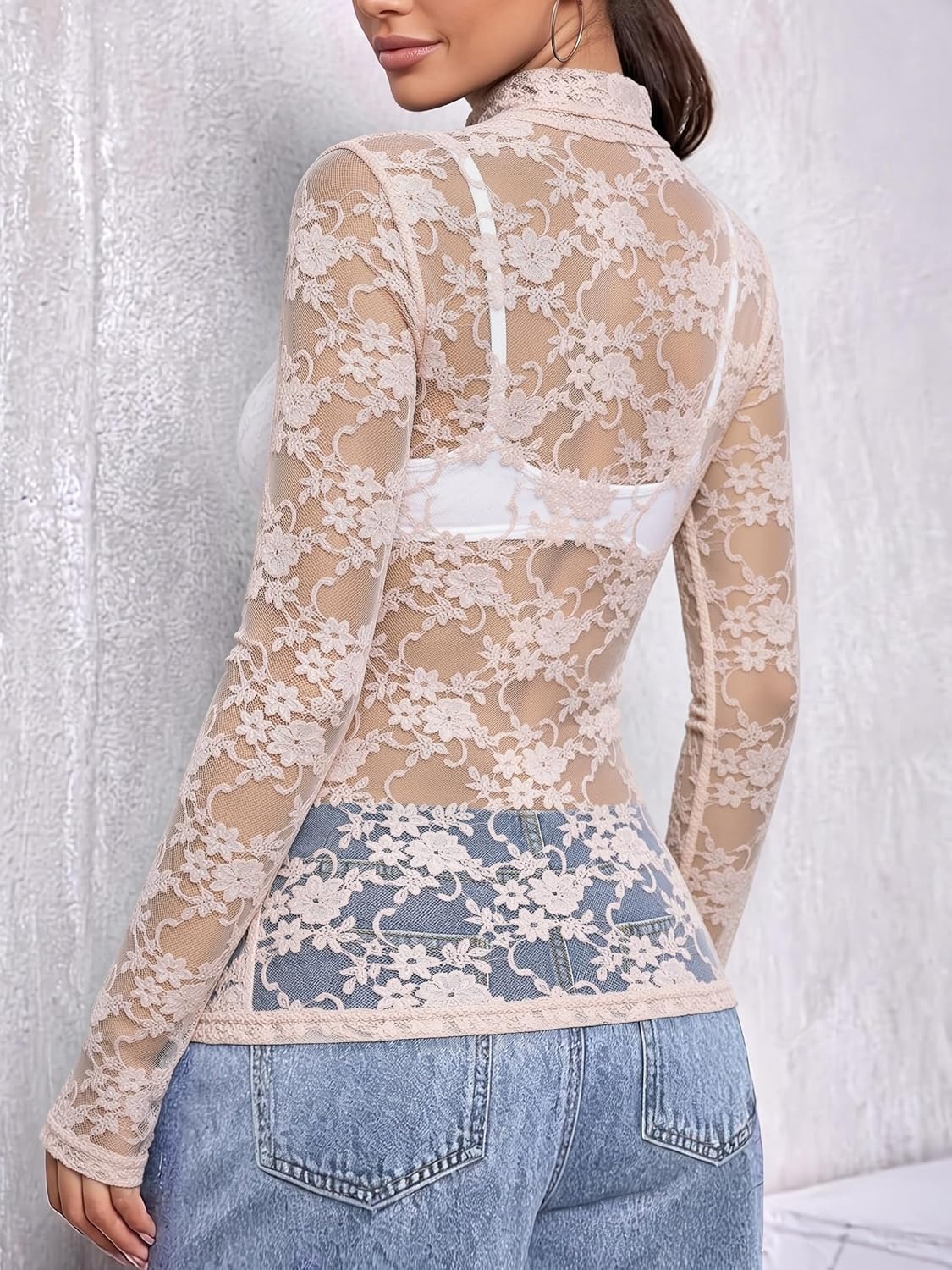image:imageZeagoo Women Mesh Sheer Top Long Sleeve Sexy Shirt Slim Fitted Fall ClothesLace Champagne