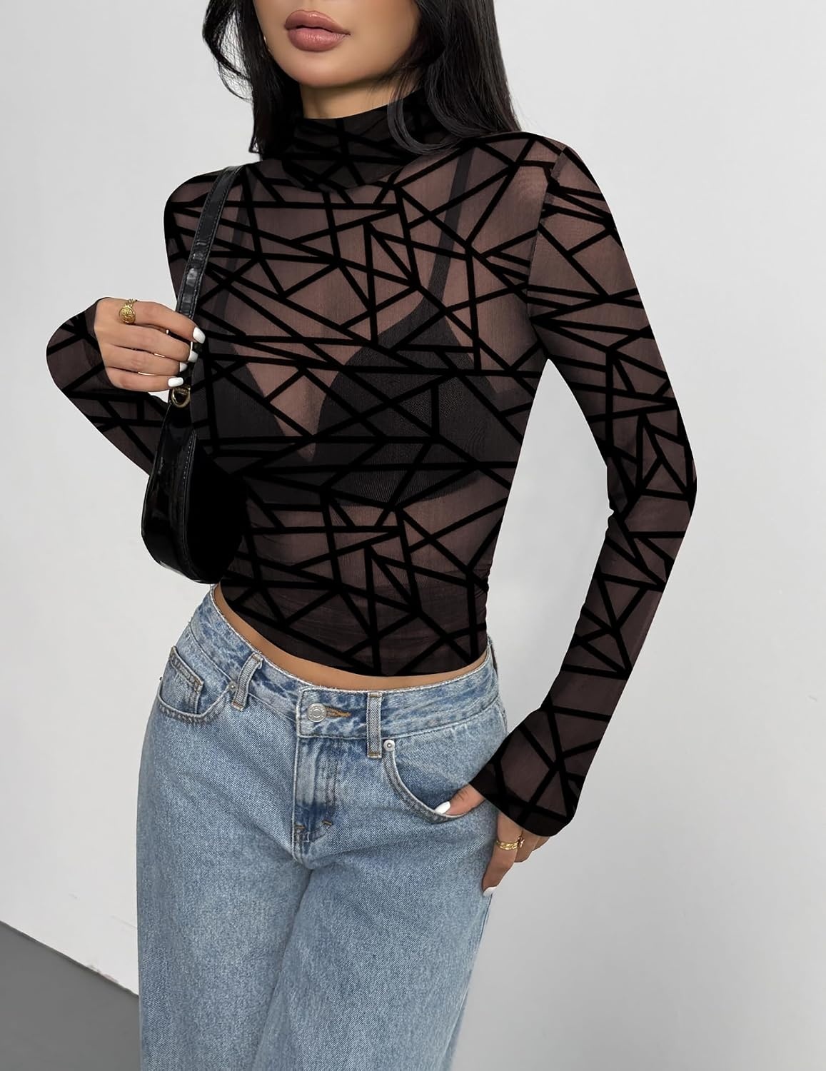 image:imageZeagoo Women Mesh Sheer Top Long Sleeve Sexy Shirt Slim Fitted Fall ClothesLinejh255