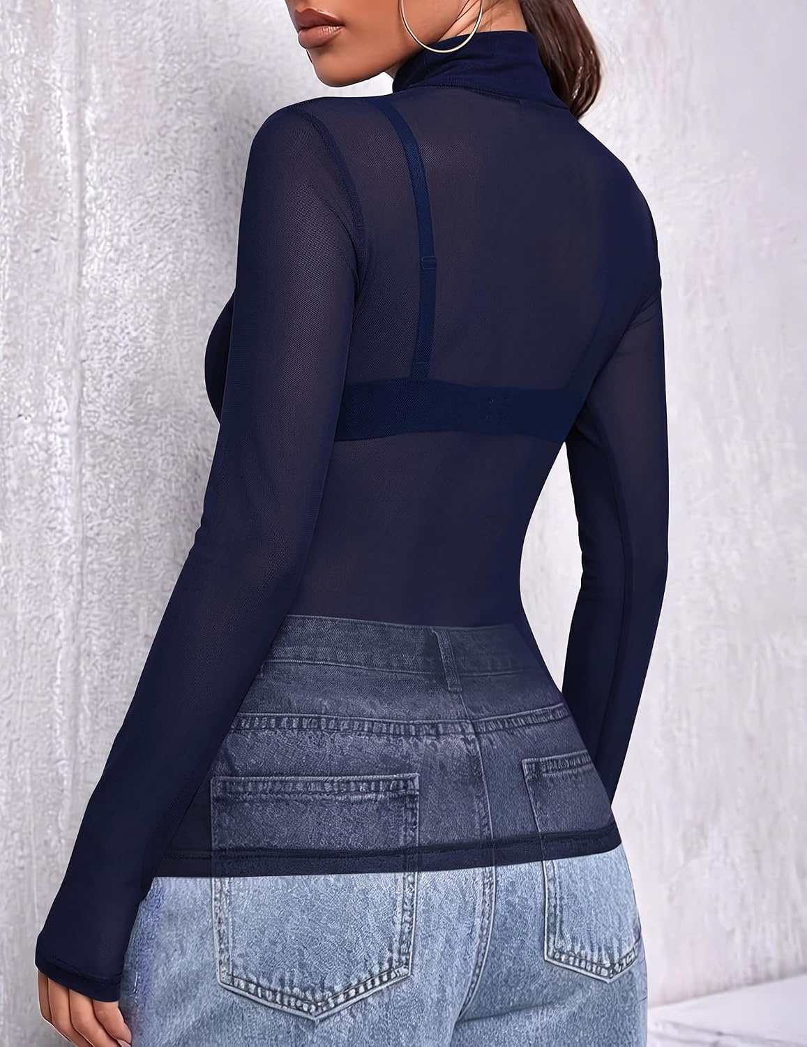 image:imageZeagoo Women Mesh Sheer Top Long Sleeve Sexy Shirt Slim Fitted Fall ClothesNavy