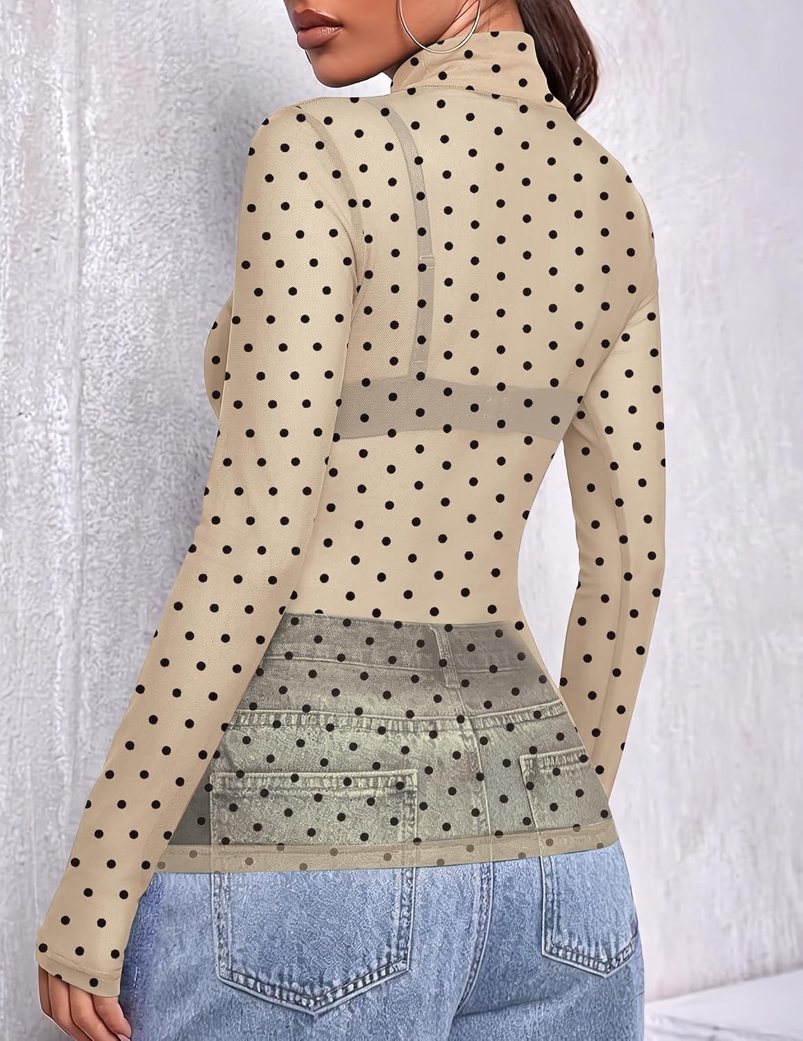image:imageZeagoo Women Mesh Sheer Top Long Sleeve Sexy Shirt Slim Fitted Fall ClothesPolka Dotjh749