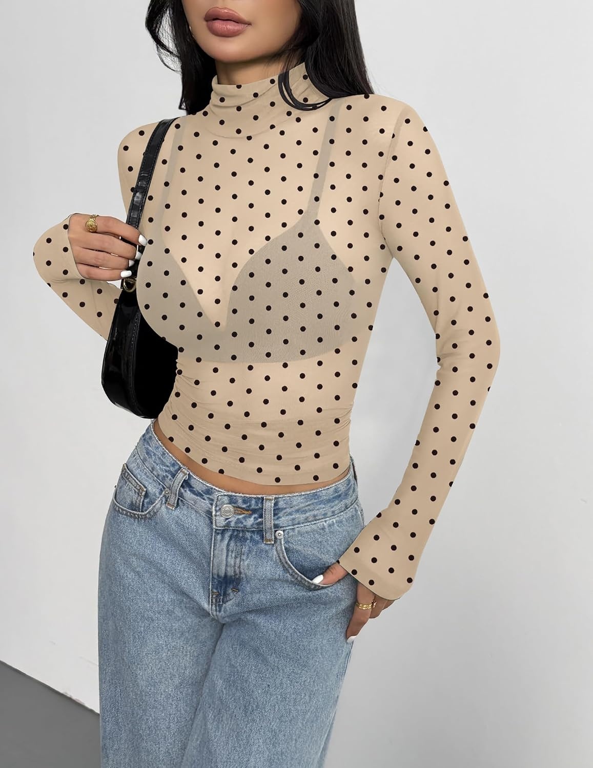 image:imageZeagoo Women Mesh Sheer Top Long Sleeve Sexy Shirt Slim Fitted Fall ClothesPolka Dotjh749