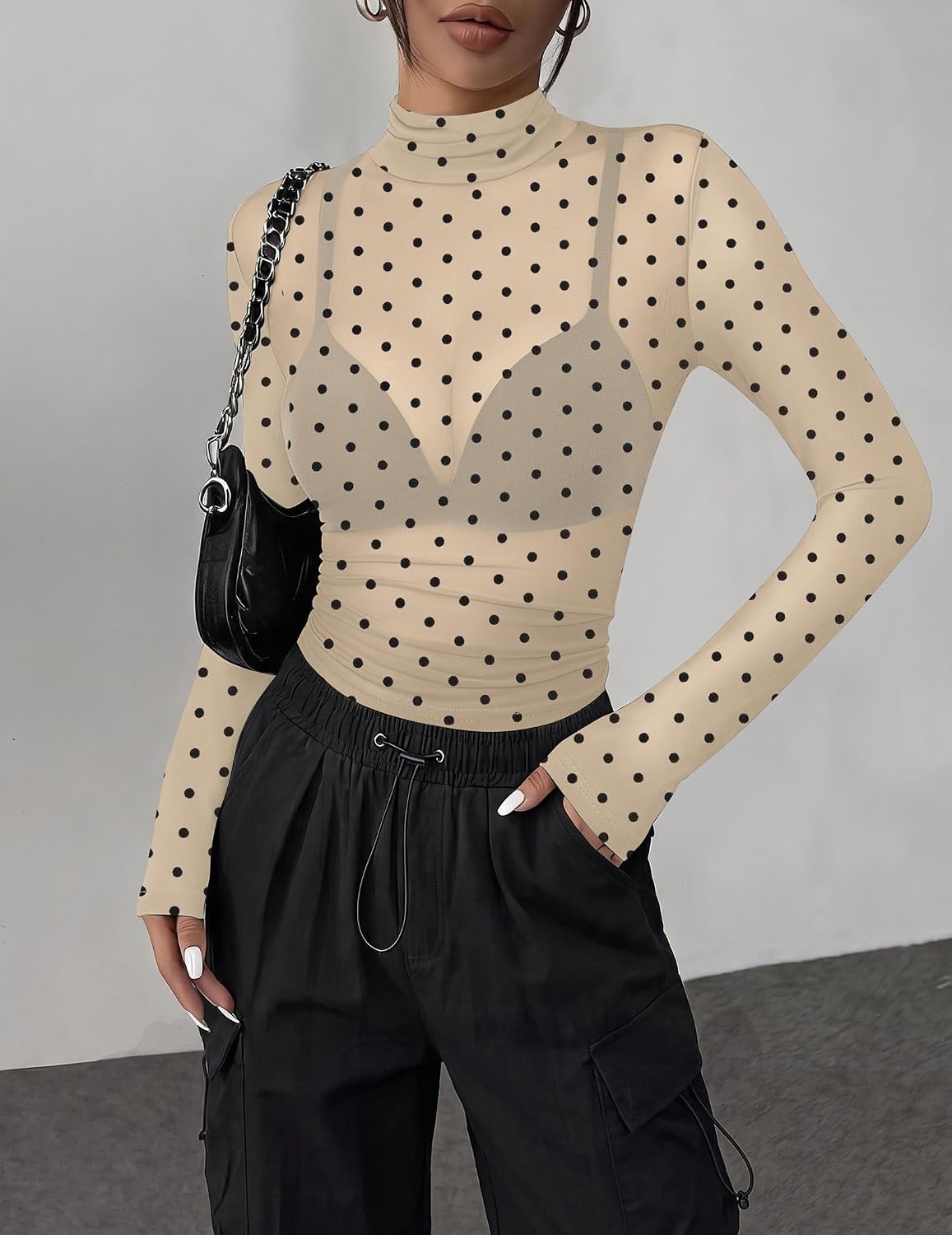 image:imageZeagoo Women Mesh Sheer Top Long Sleeve Sexy Shirt Slim Fitted Fall ClothesPolka Dotjh749