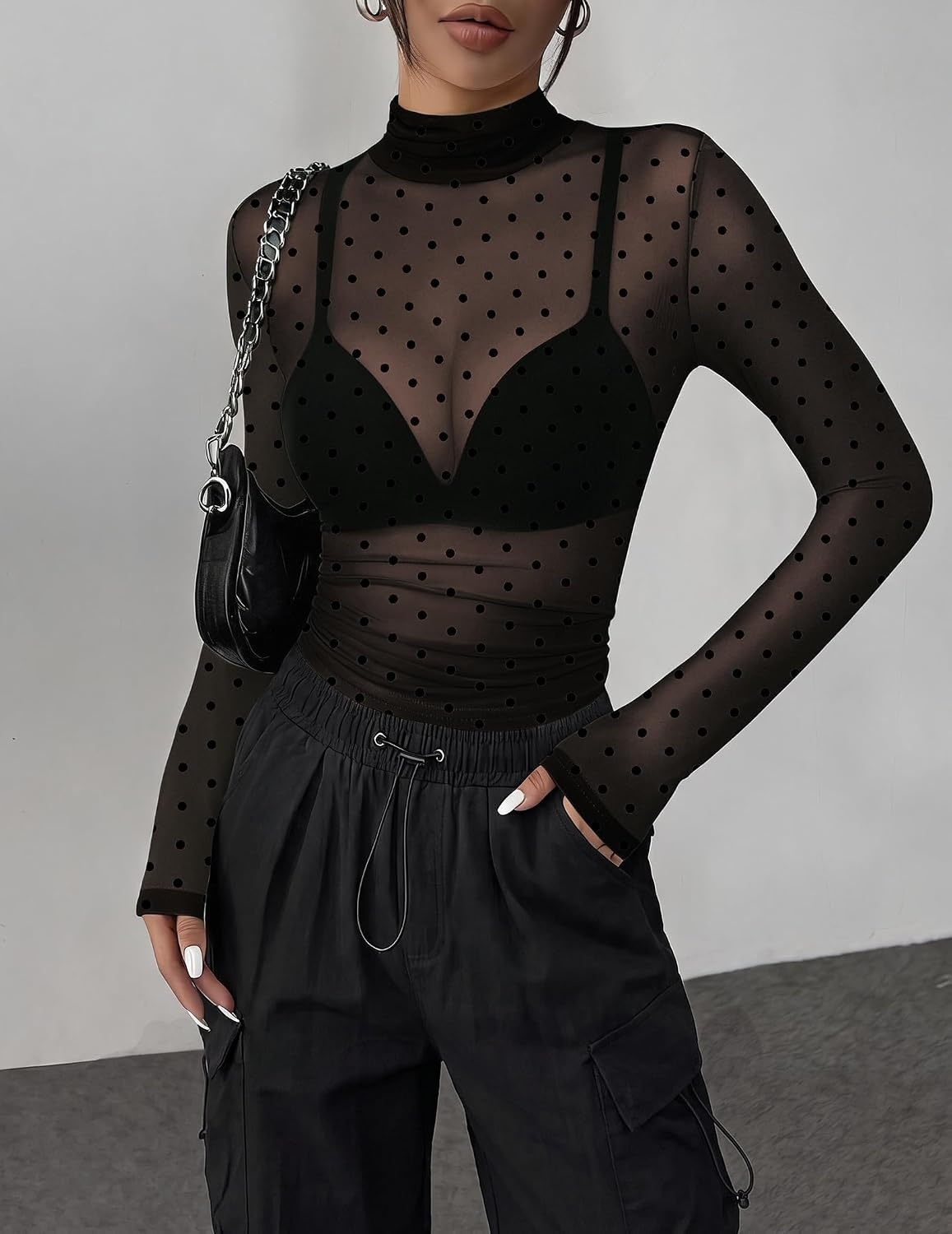 image:imageZeagoo Women Mesh Sheer Top Long Sleeve Sexy Shirt Slim Fitted Fall ClothesPolka Dotjh79