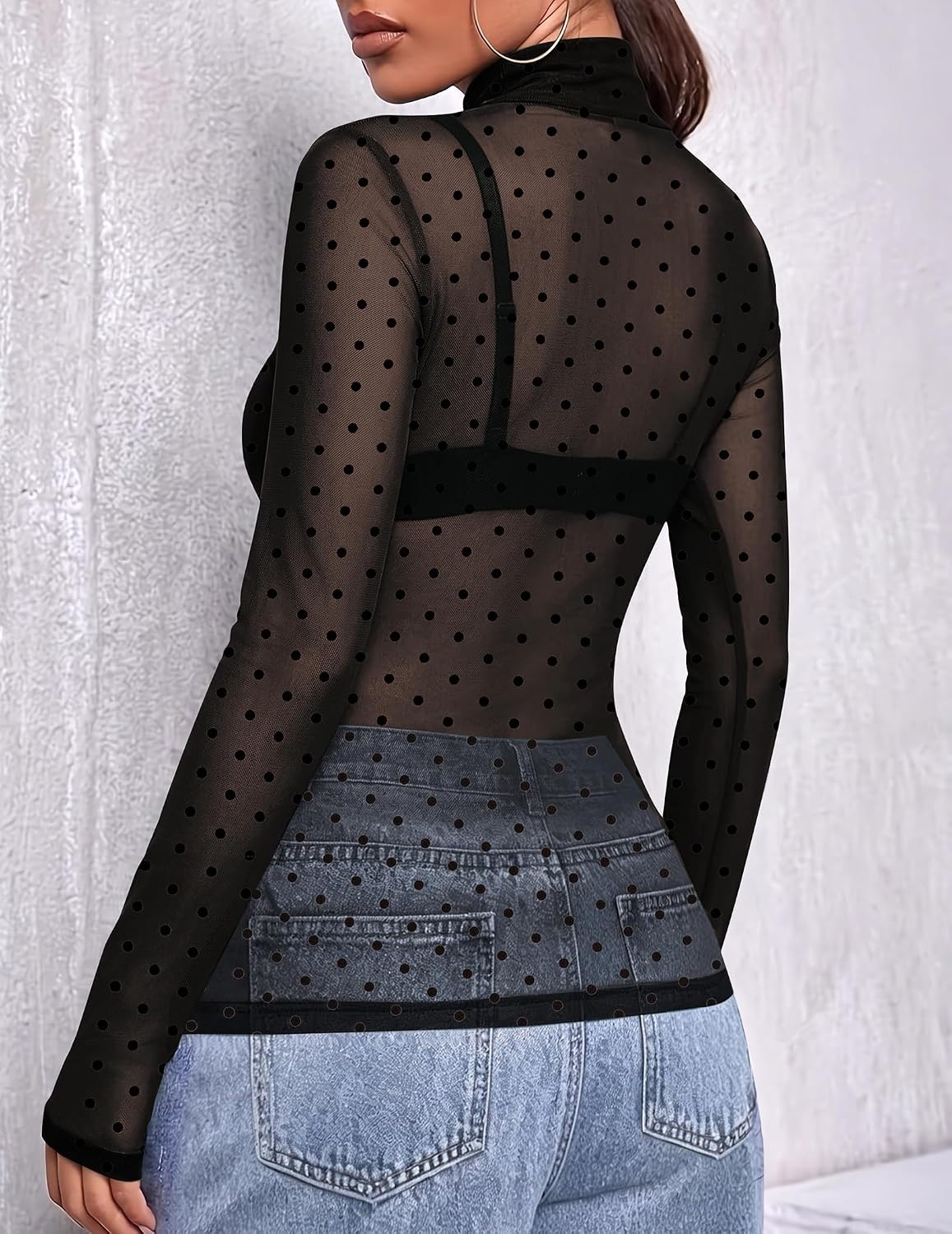image:imageZeagoo Women Mesh Sheer Top Long Sleeve Sexy Shirt Slim Fitted Fall ClothesPolka Dotjh79