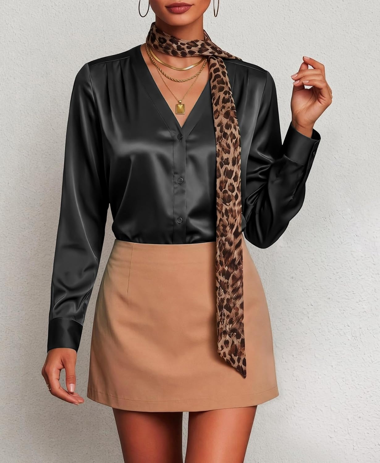 image:imageZeagoo Women Satin Silk Blouses V Neck Long Sleeve Button Down Shirts TopsBlack