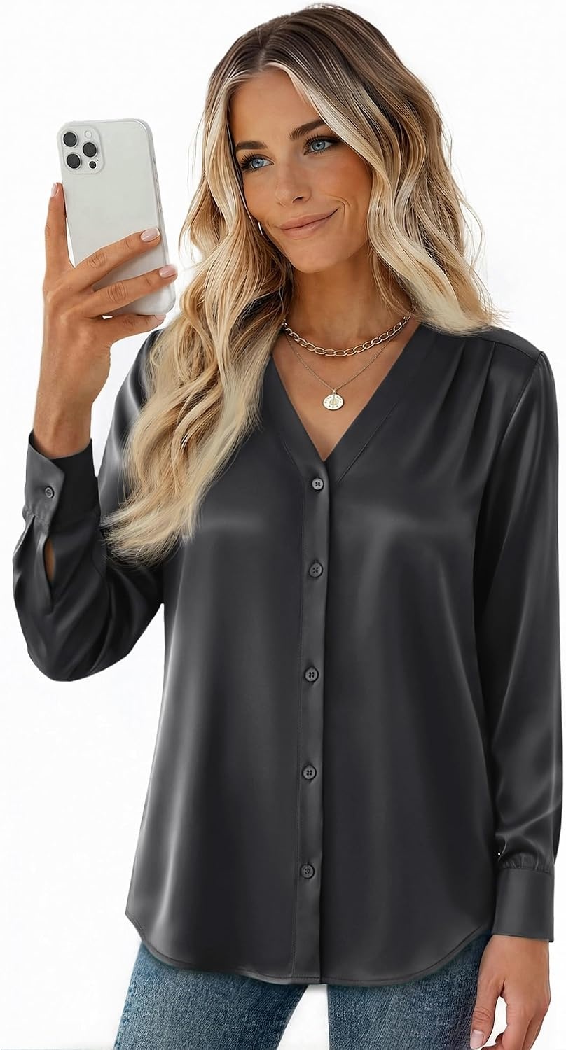 image:imageZeagoo Women Satin Silk Blouses V Neck Long Sleeve Button Down Shirts TopsBlack