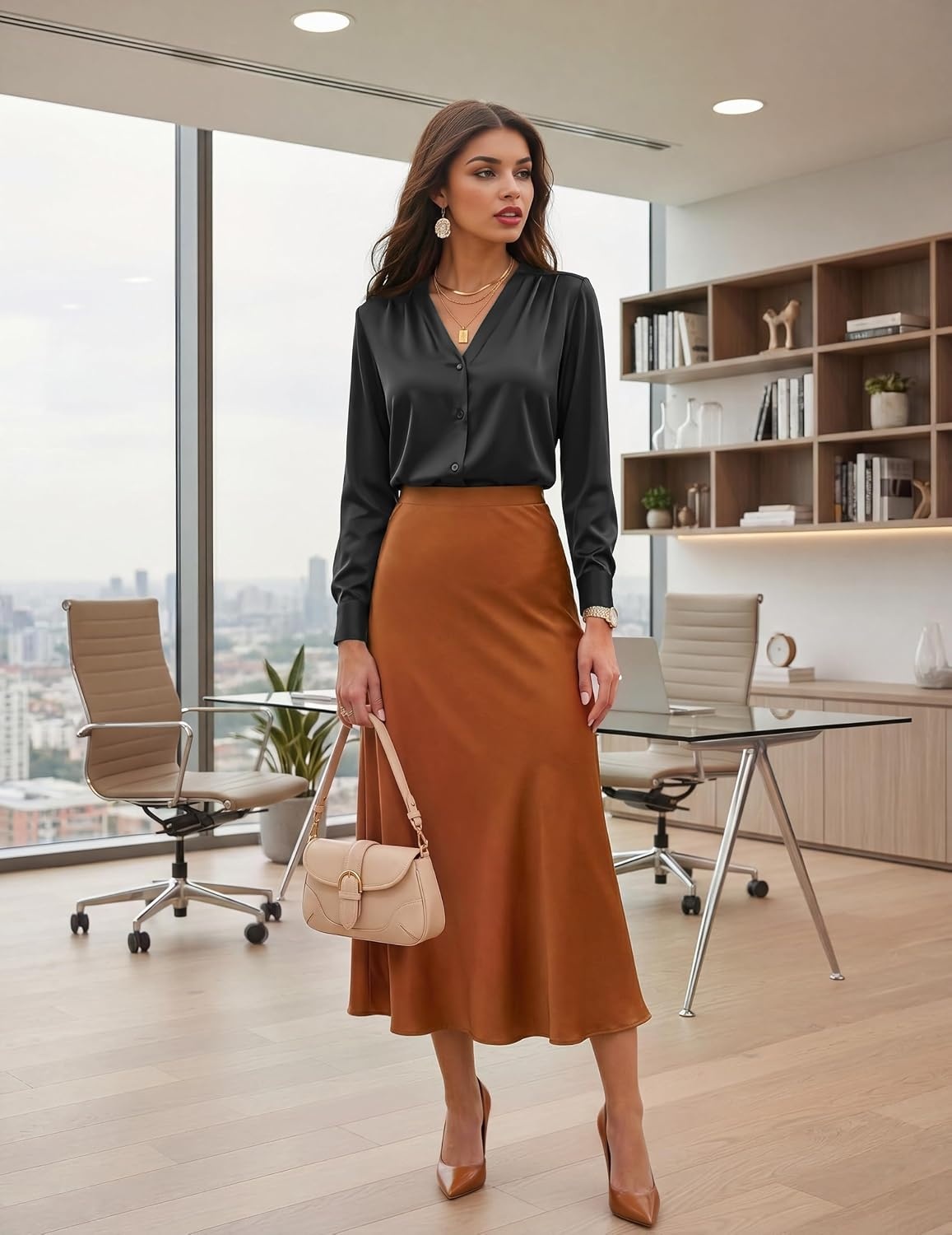 image:imageZeagoo Women Satin Silk Blouses V Neck Long Sleeve Button Down Shirts TopsBlack