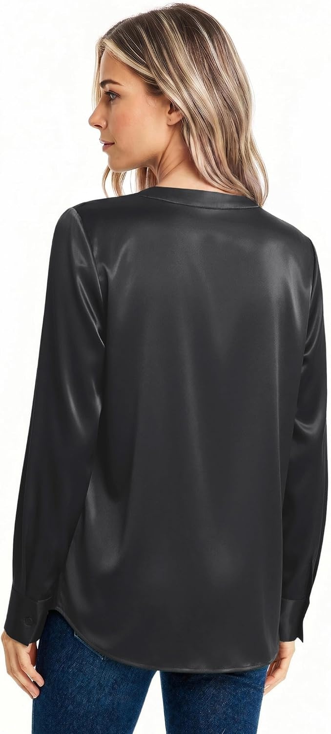 image:imageZeagoo Women Satin Silk Blouses V Neck Long Sleeve Button Down Shirts TopsBlack