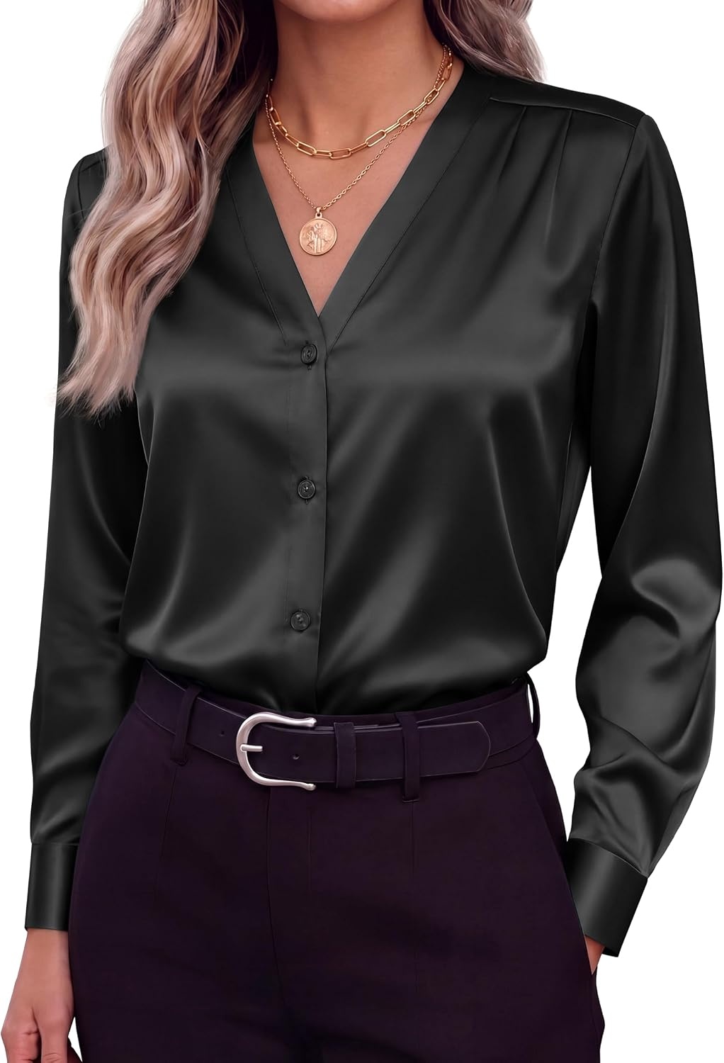 image:imageZeagoo Women Satin Silk Blouses V Neck Long Sleeve Button Down Shirts TopsBlack