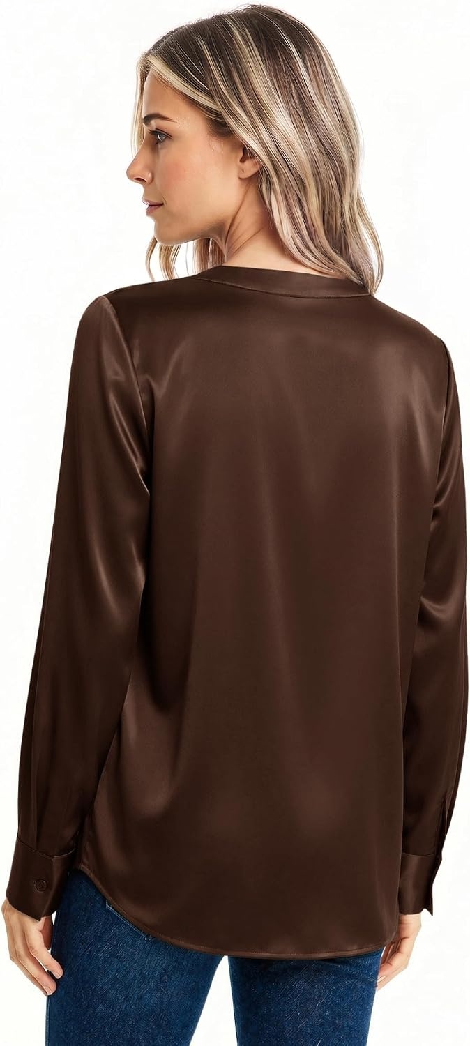 image:imageZeagoo Women Satin Silk Blouses V Neck Long Sleeve Button Down Shirts TopsBrown