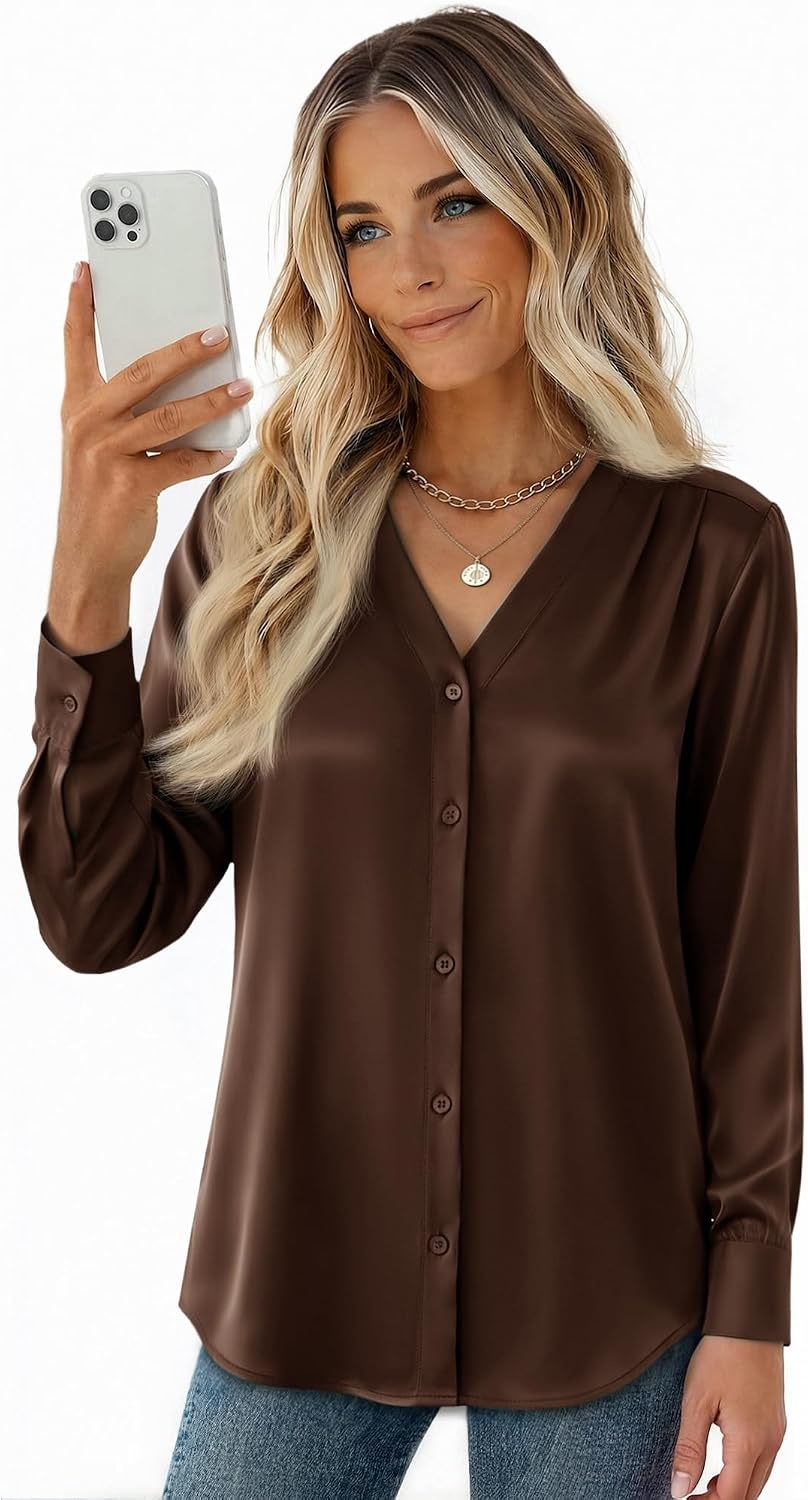 image:imageZeagoo Women Satin Silk Blouses V Neck Long Sleeve Button Down Shirts TopsBrown
