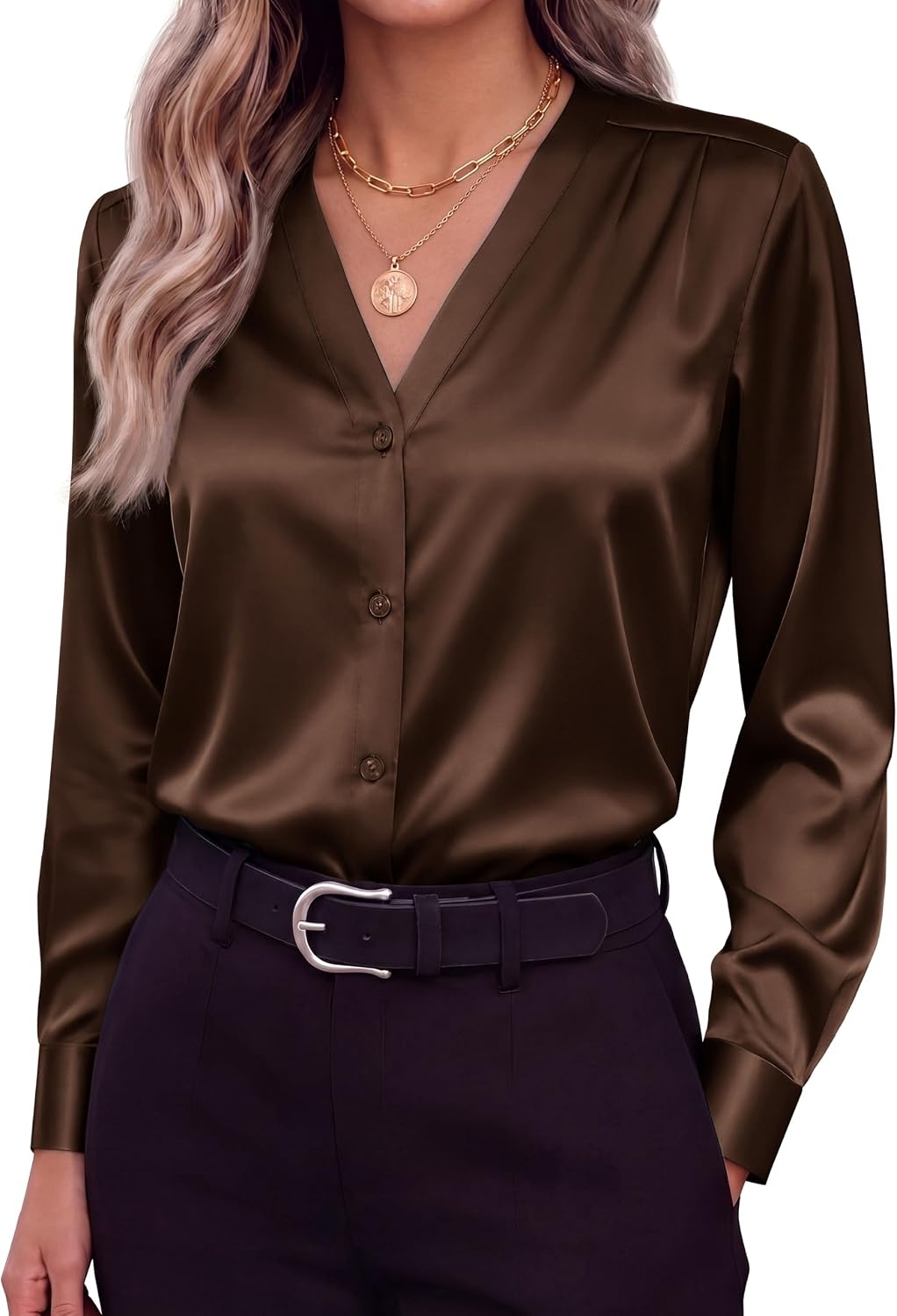 image:imageZeagoo Women Satin Silk Blouses V Neck Long Sleeve Button Down Shirts TopsBrown